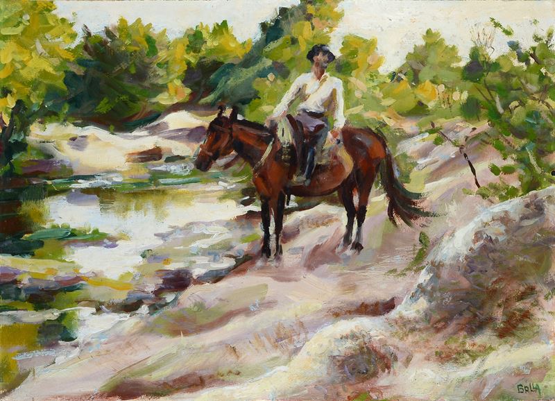 Giacomo Balla - Cavaliere a Campagnano (Buttero alla fonte), olio su cartone pressato