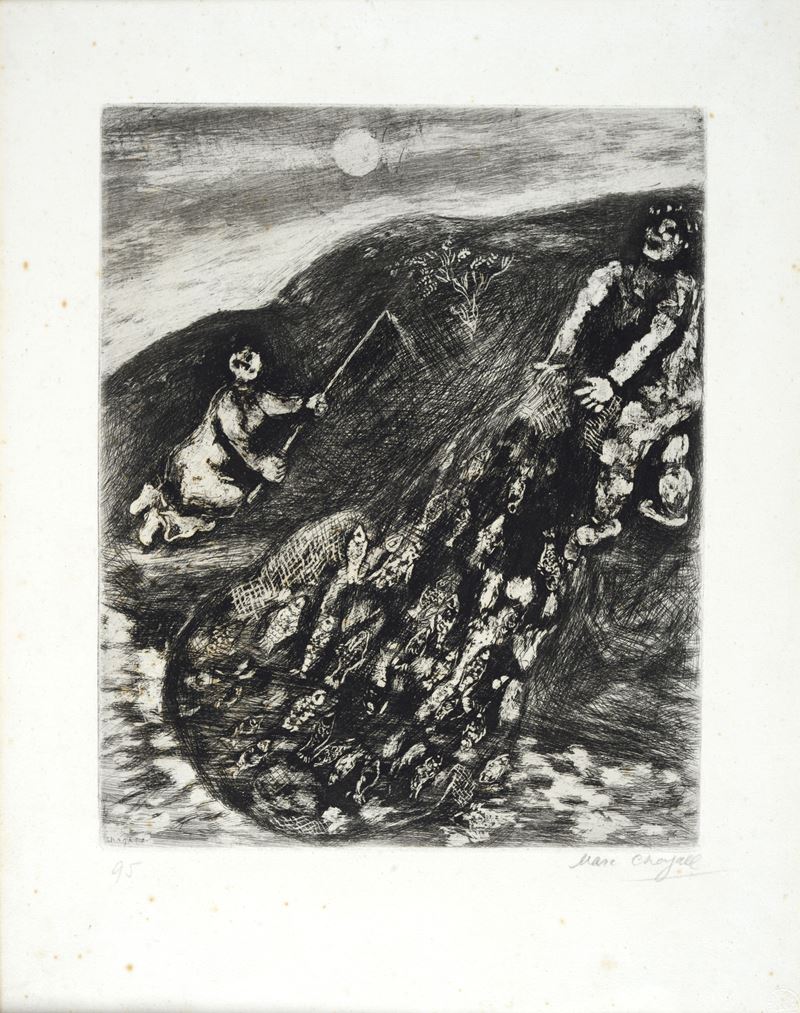 Marc Chagall - Les Poissons et le Berger qui joue de la flutè, acquaforte, 1952