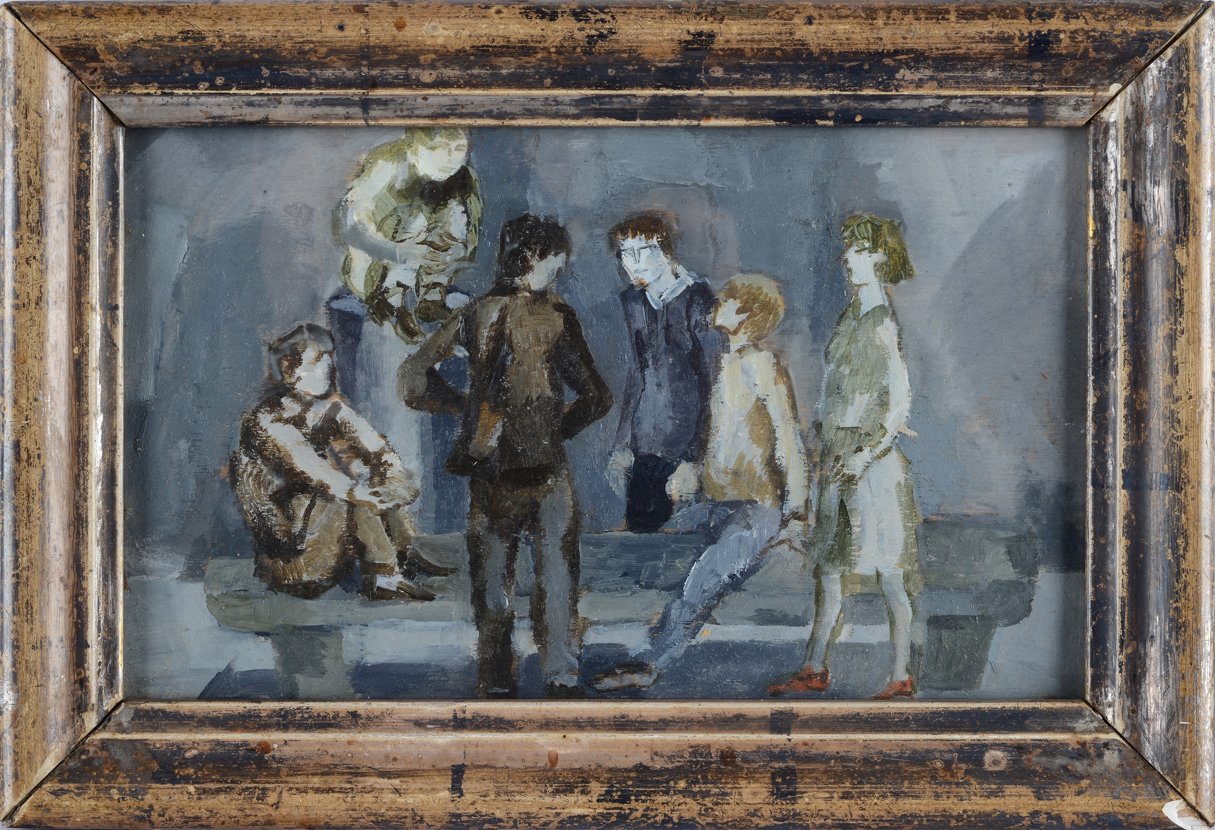 Renzo Grazzini - Ragazzi sulla panchina, olio su compensato