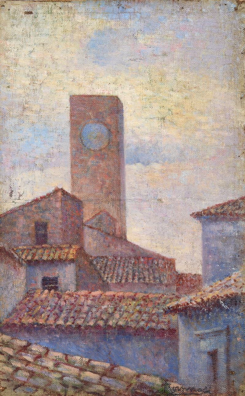 Scorcio di paese con campanile