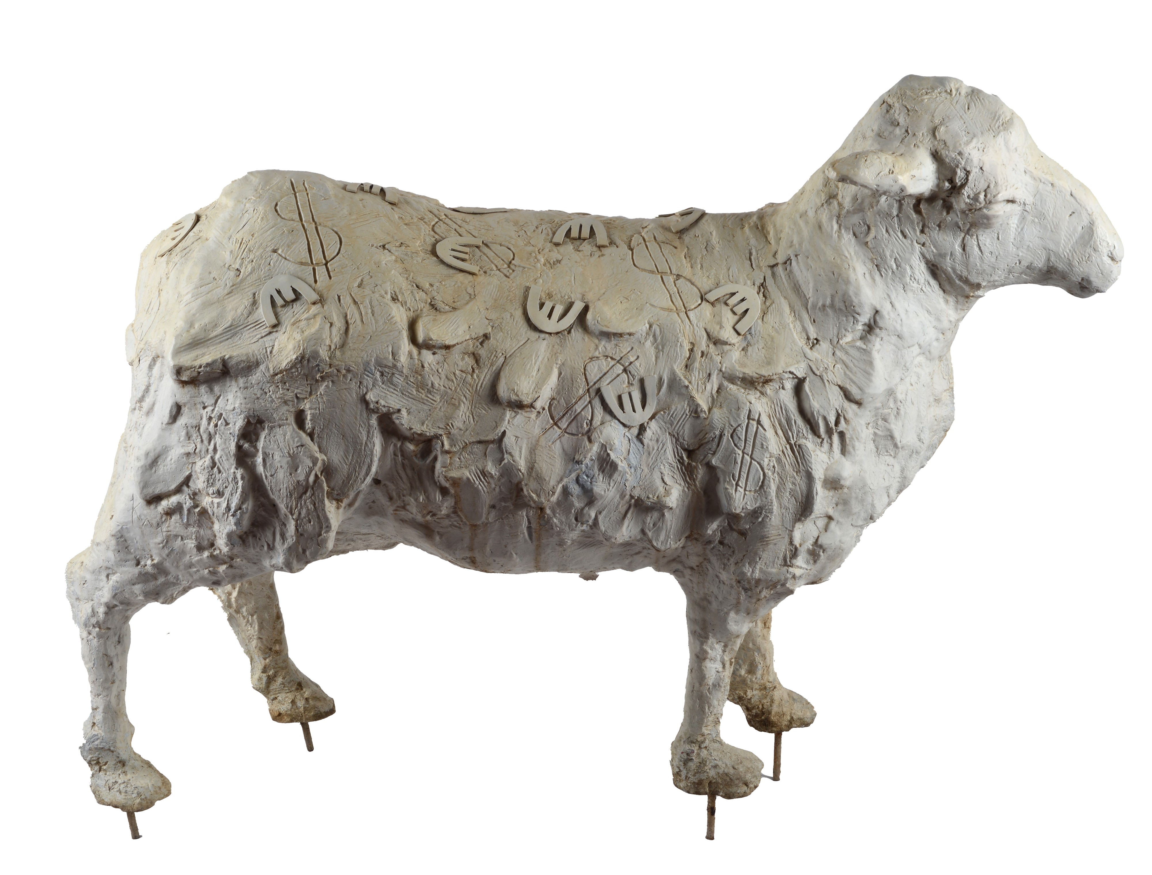 Kurt Laurenz Metzler - Pecora con euro e lettere e Pecora con euro e numeri, sculture in allumini...