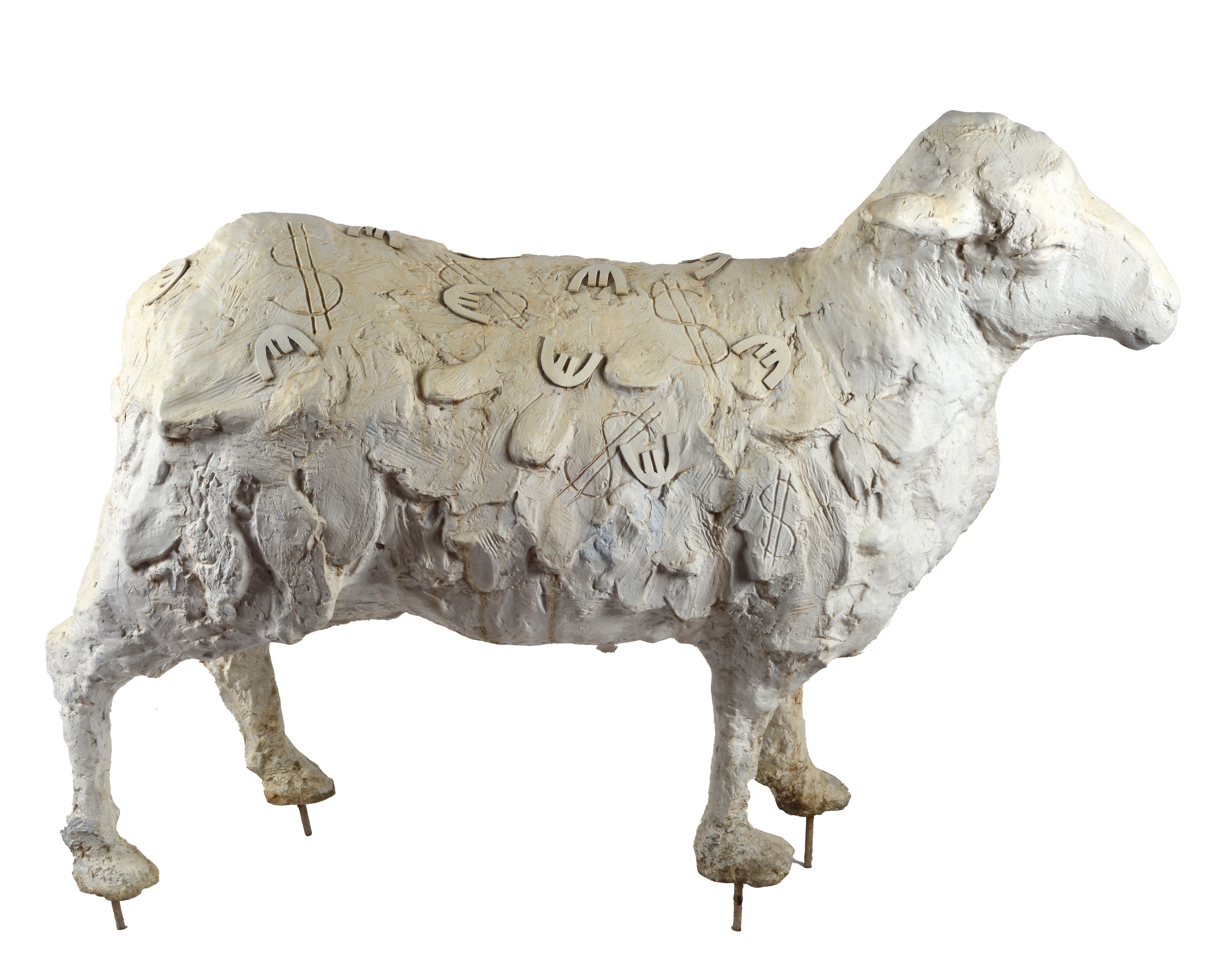 Kurt Laurenz Metzler - Pecora con euro e lettere e Pecora con euro e numeri, sculture in allumini...