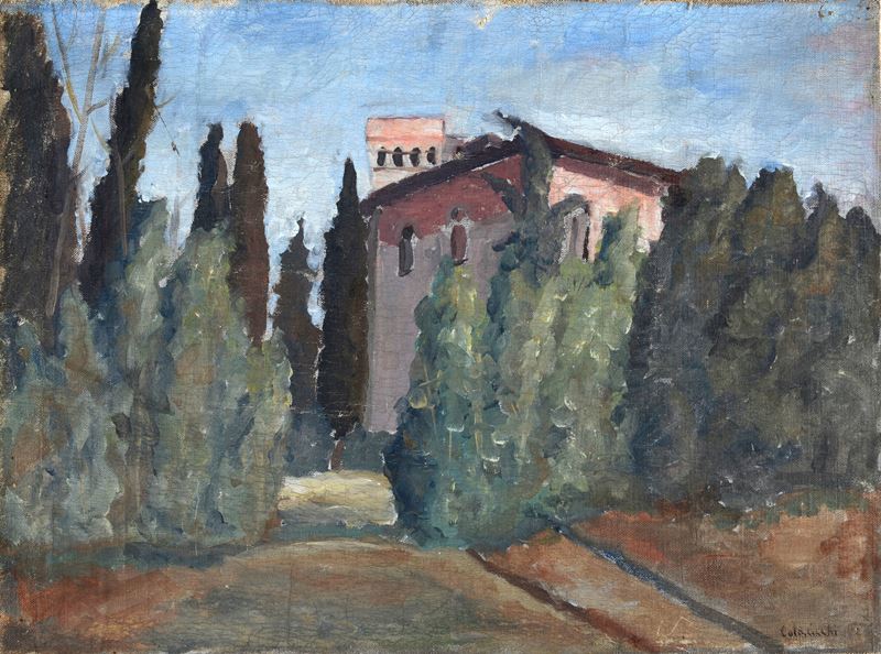 Giovanni Colacicchi - Casolare in campagna, olio su tela riportata su cartone