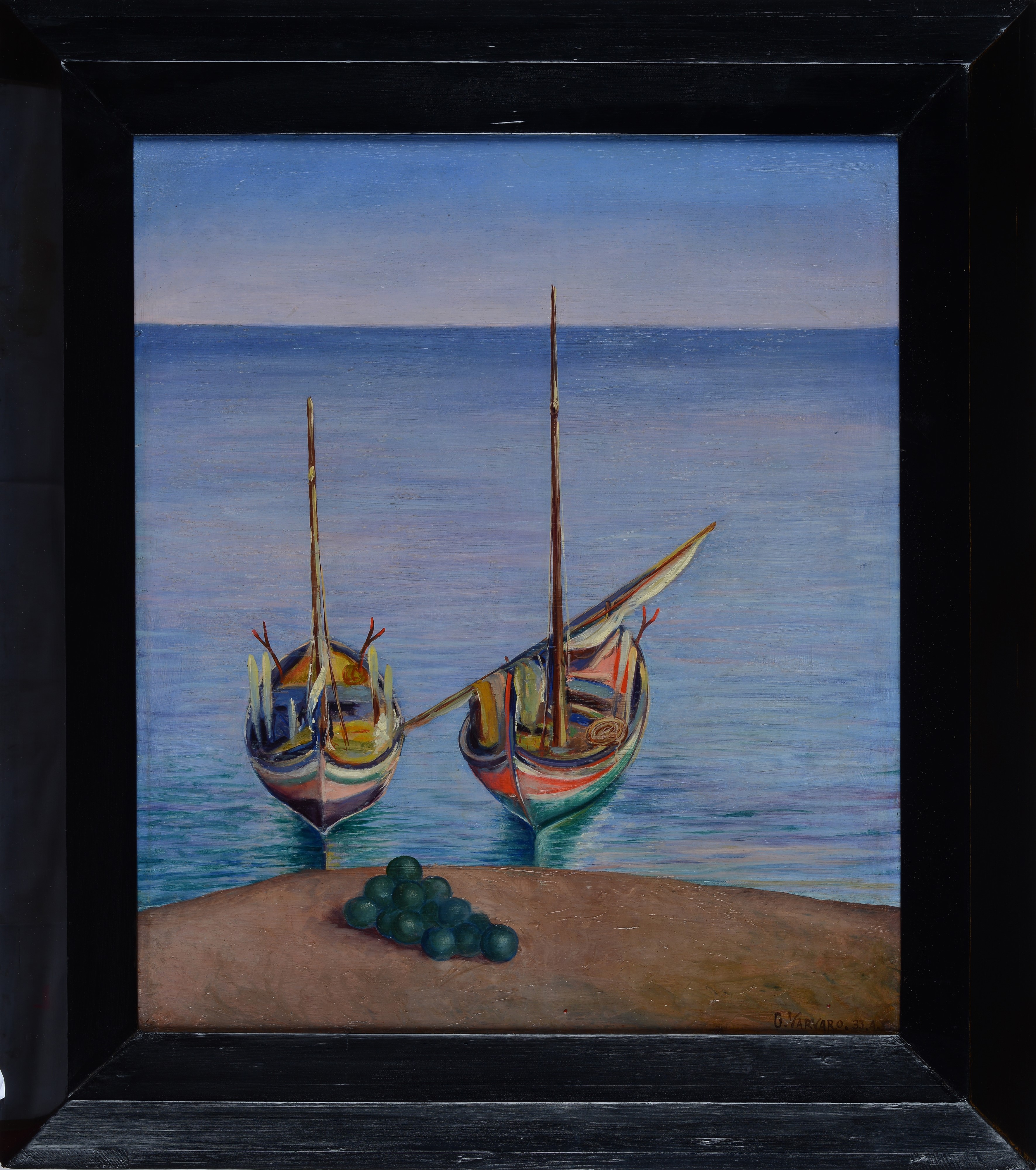 Giovanni Varvaro - Marina con barche, olio su tavola
