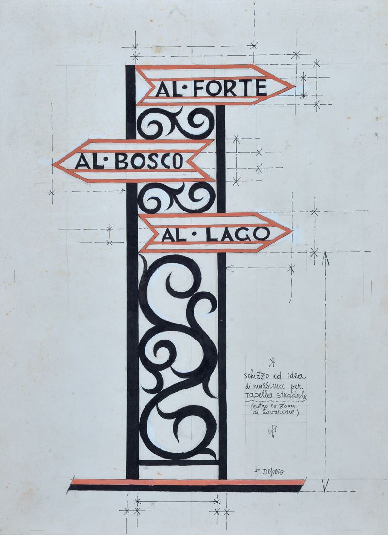 Fortunato Depero - Schizzo ed idea di massima per tabella stradale, tempera, inchiostro e matita ...