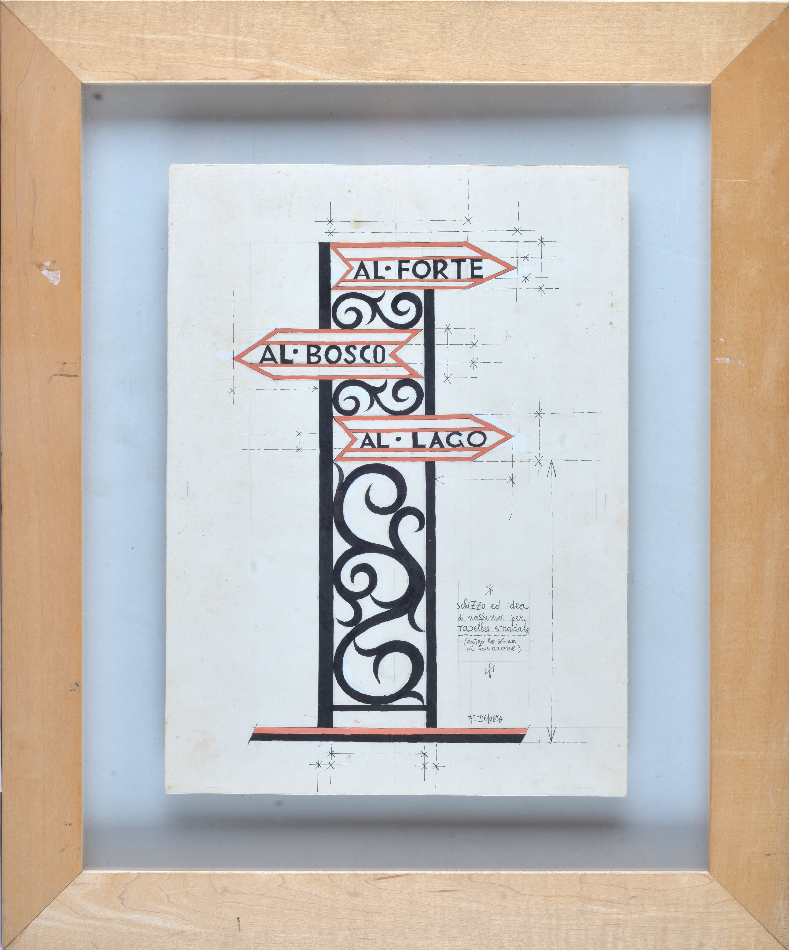 Fortunato Depero - Schizzo ed idea di massima per tabella stradale, tempera, inchiostro e matita ...