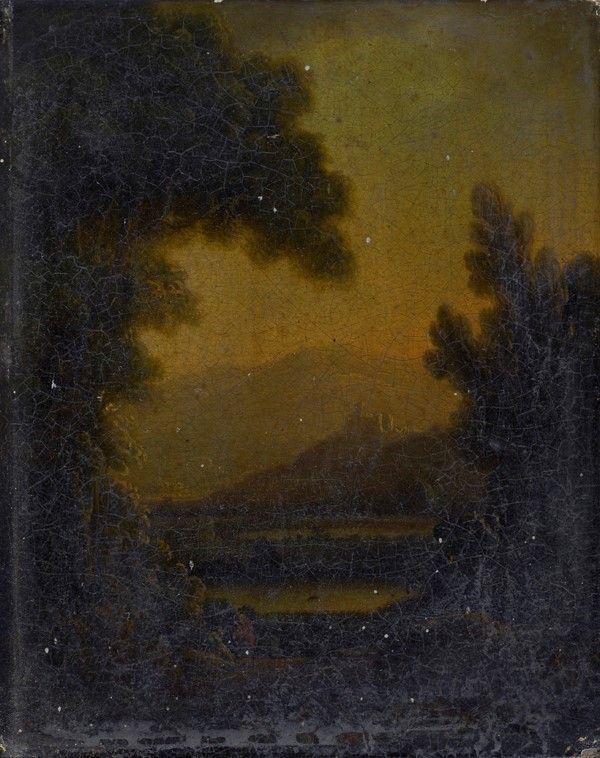 Scuola Inglese, XIX sec. : Paesaggio con lago e case sullo sfondo  - Olio su tavoletta  [..]