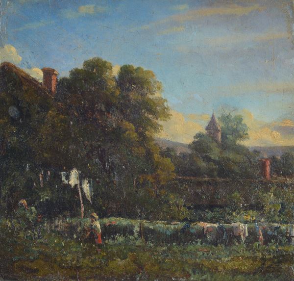 Attr. a Abbott Fuller Graves - Landscape with vegetable garden and figures