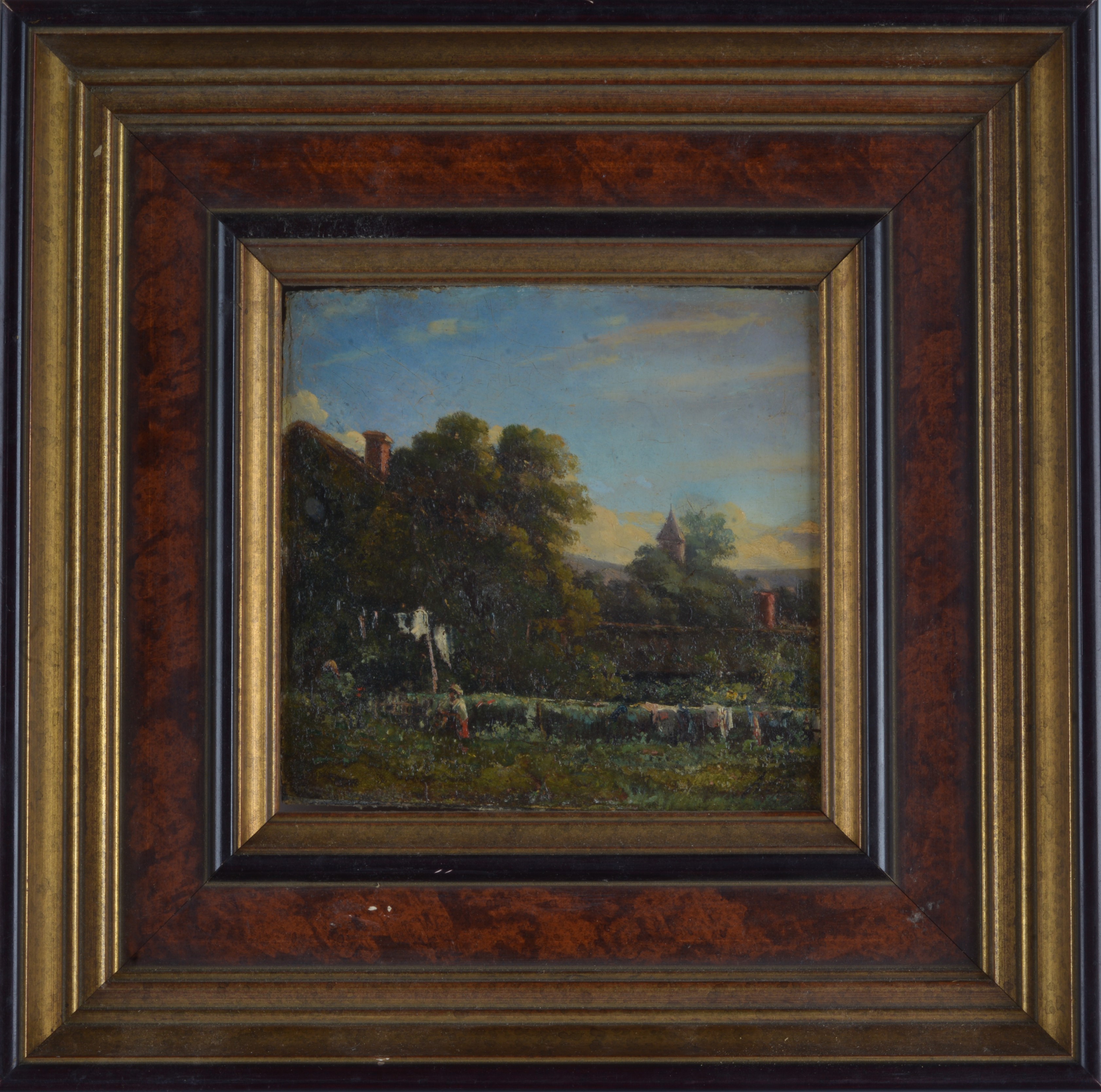 Attr. a Abbott Fuller Graves - Paesaggio con orto e figure, olio su cartone