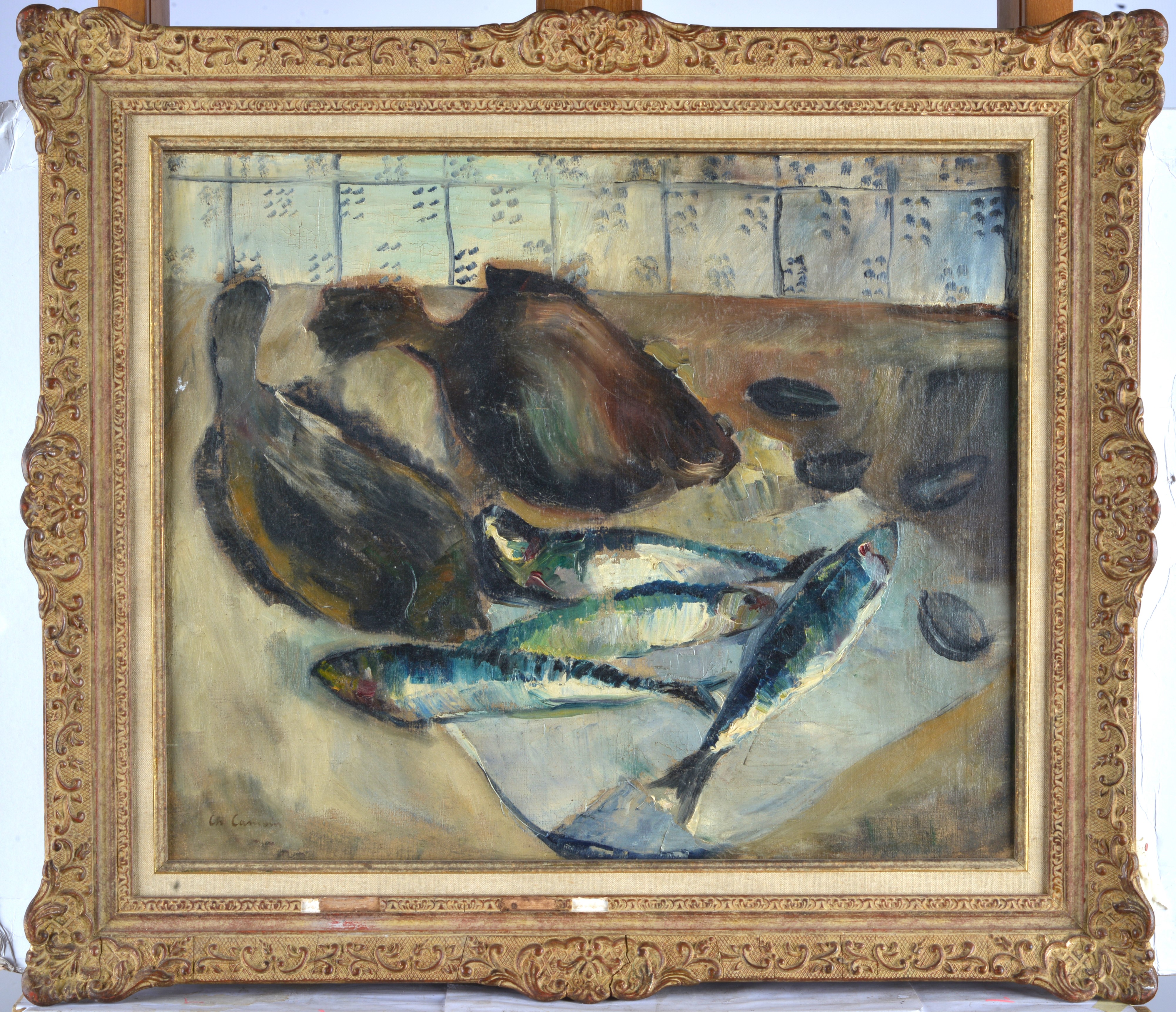 Attr. a Charles Camoin - Charles Camoin, Natura morta con pesci, olio su tela