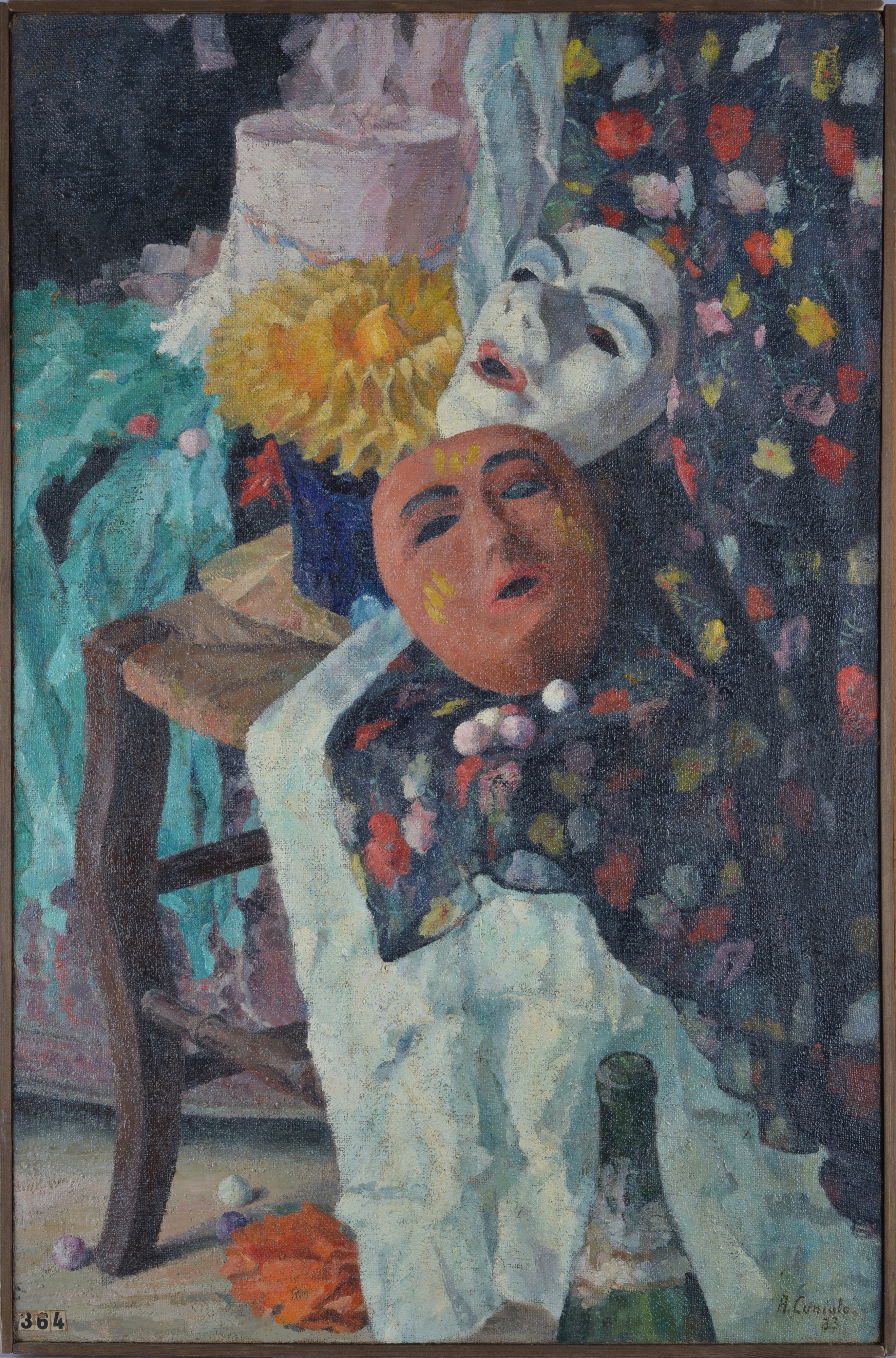 Armando Cuniolo - Composizione con maschere e fiori, olio su tela