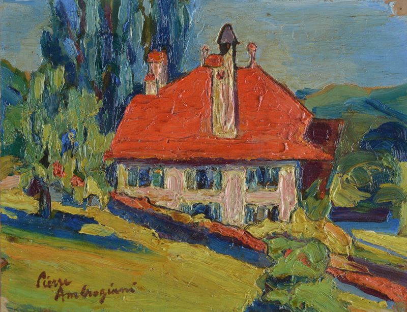 Attr. a Pierre Ambrogiani - La casa con tetto rosso, olio su carta