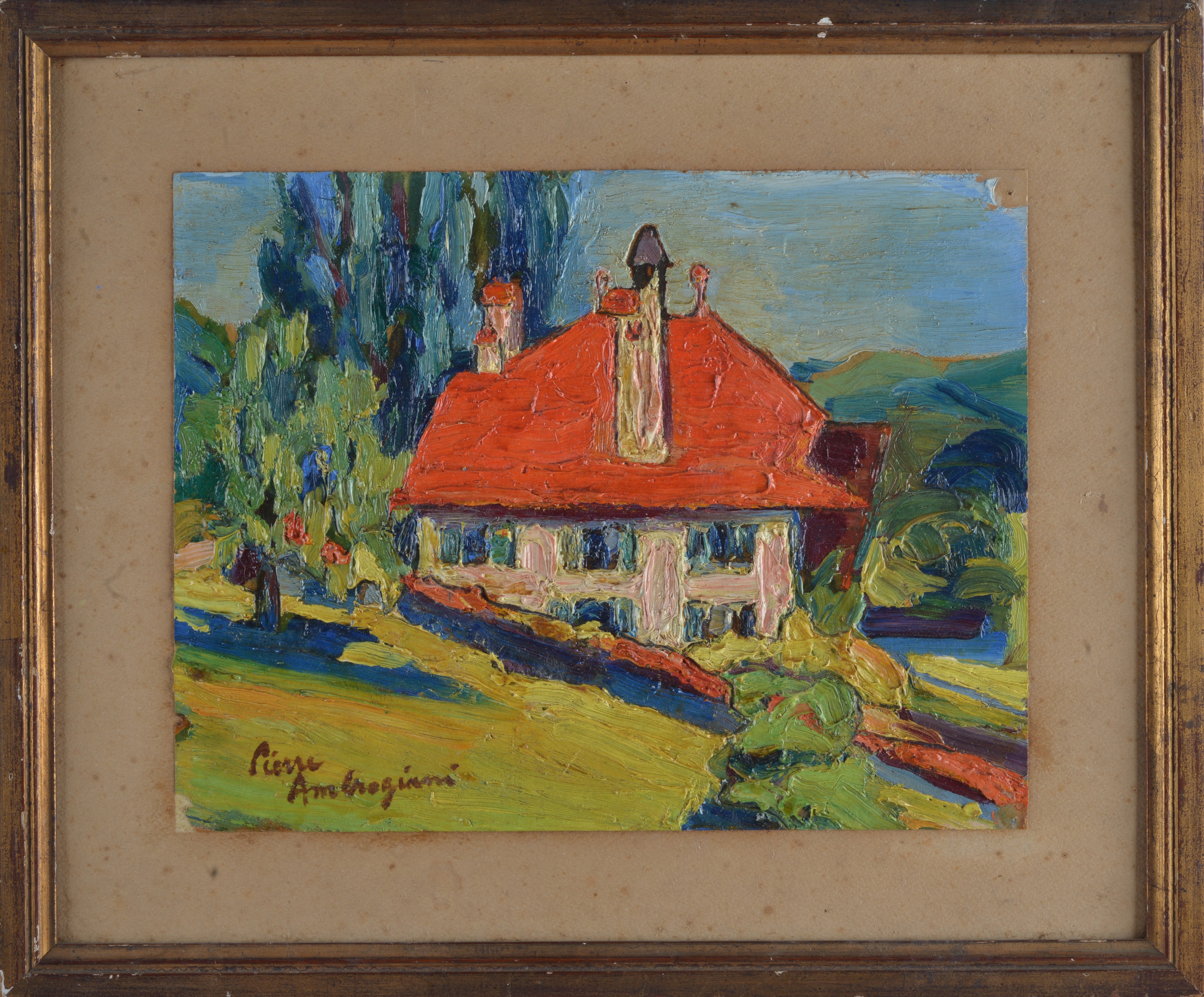 Attr. a Pierre Ambrogiani - La casa con tetto rosso, olio su carta