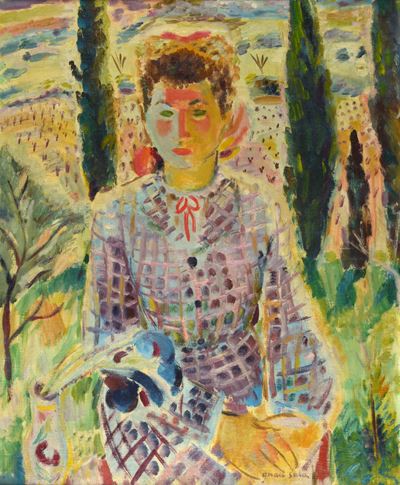 Ritratto di donna nel paesaggio, olio su tela