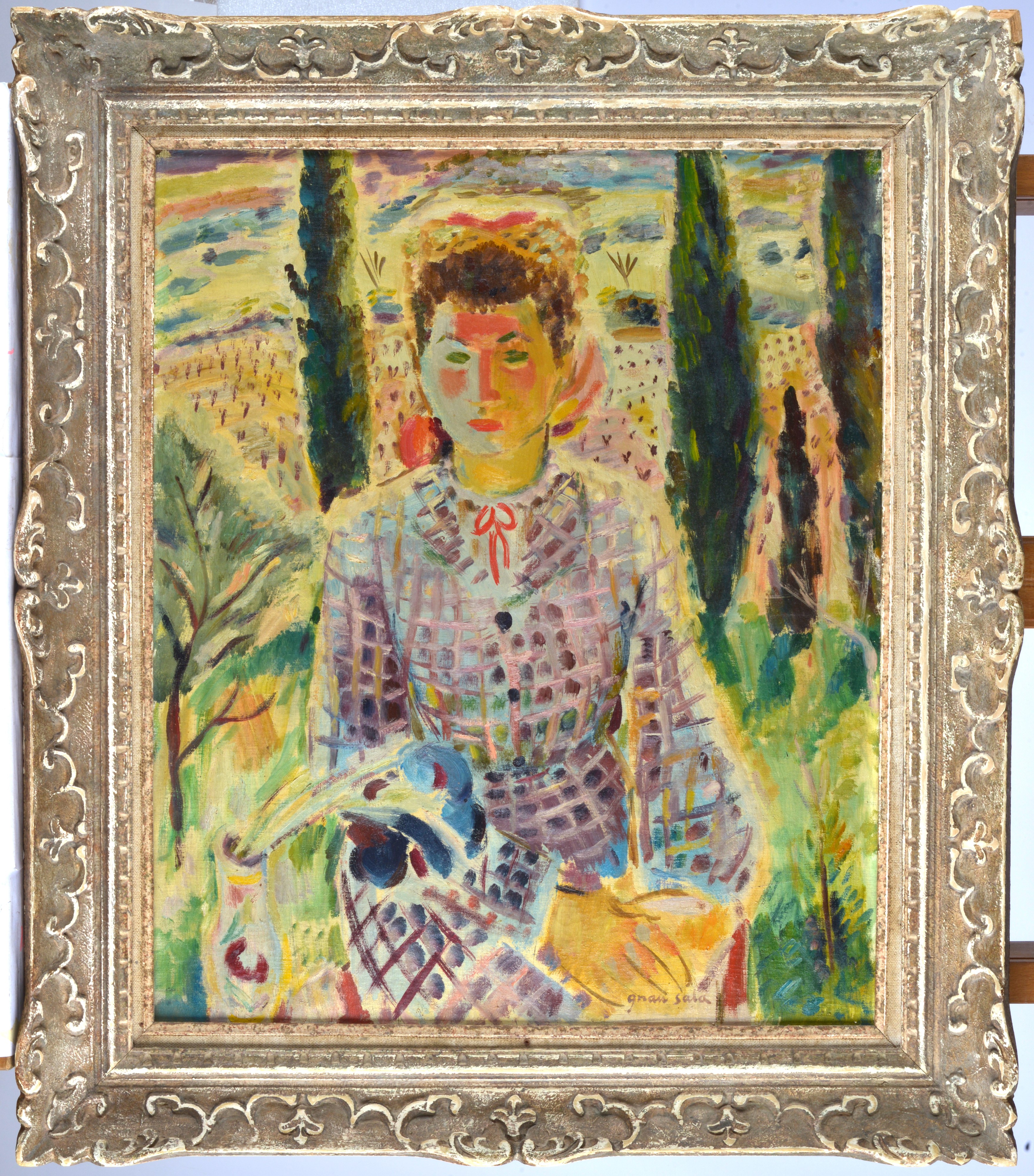 Attr. a Emilio Grau Sala - Ritratto di donna nel paesaggio, olio su tela
