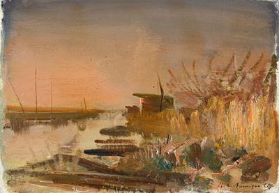Paesaggio, olio su tela riportata su cartone