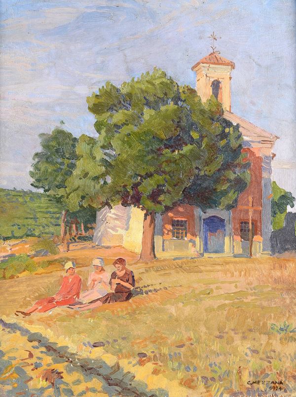 Corrado Mezzana - Chiesa di campagna con contadine  