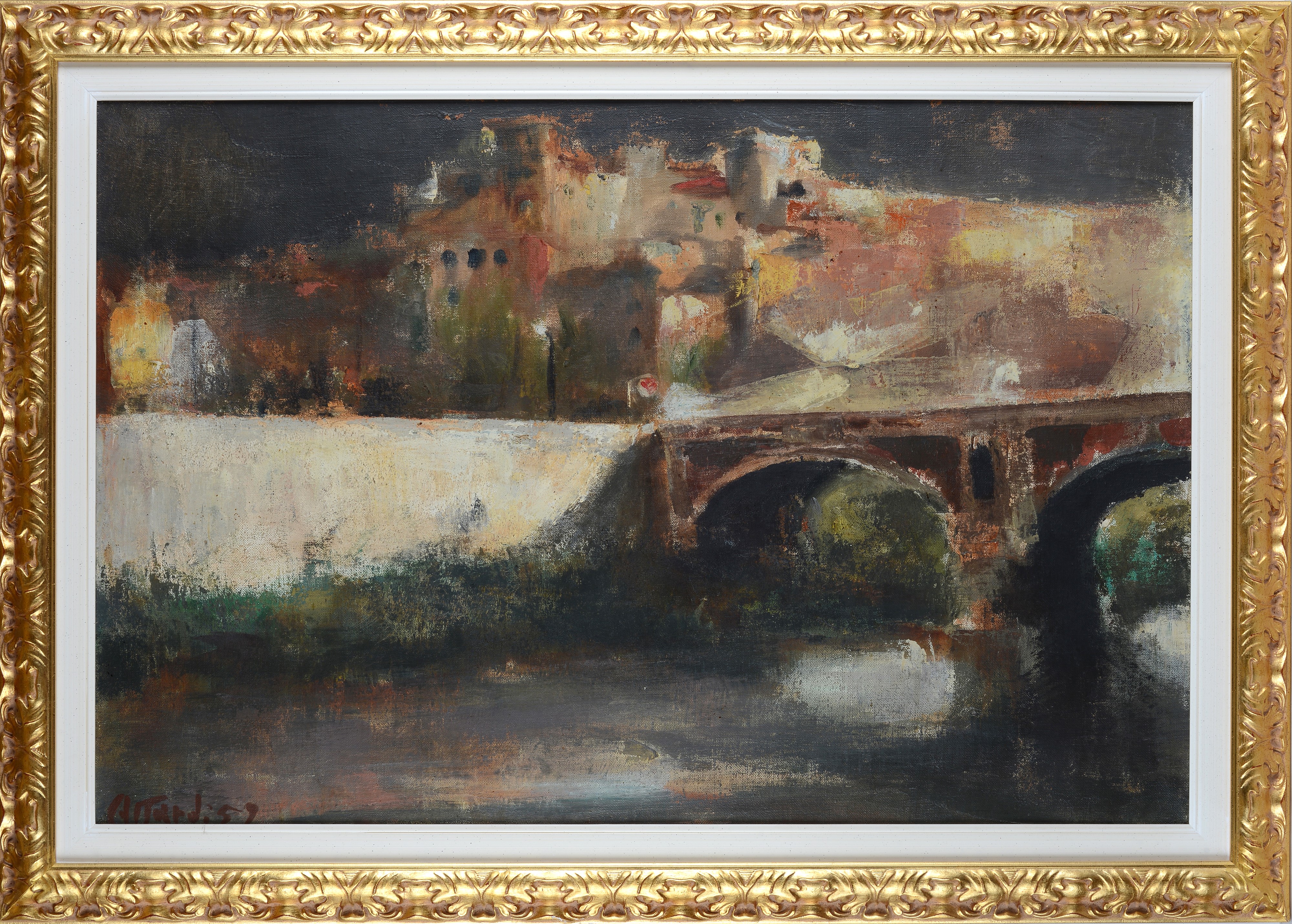 Ugo Attardi - Paesaggio con ponte, olio su tela