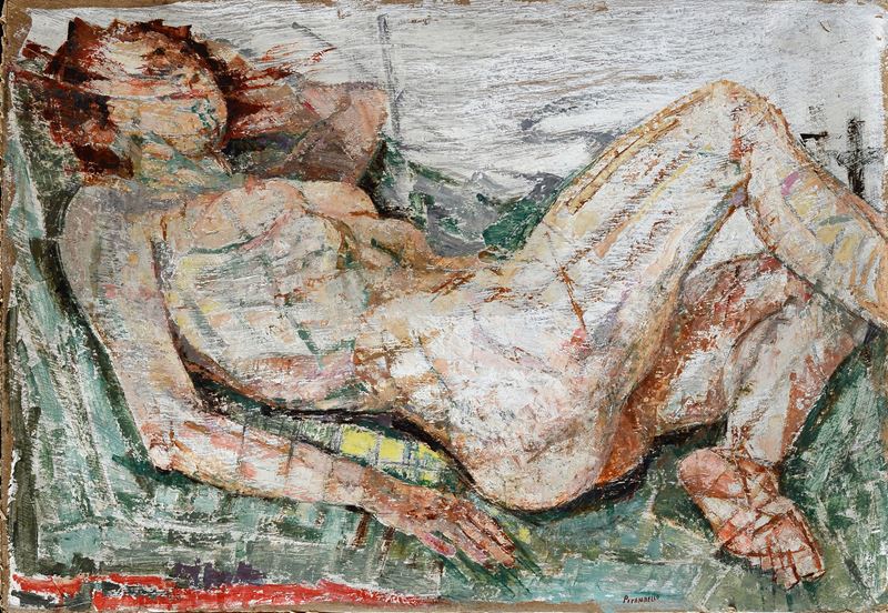 Fausto Pirandello - Nudo disteso, olio su cartone