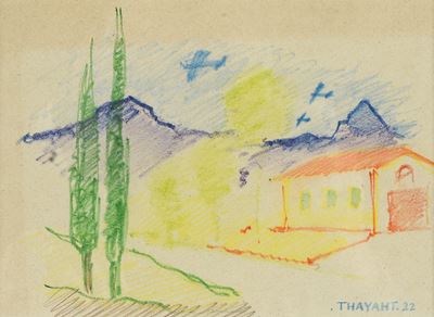 Paesaggio con casa e cipressi, pastelli su carta