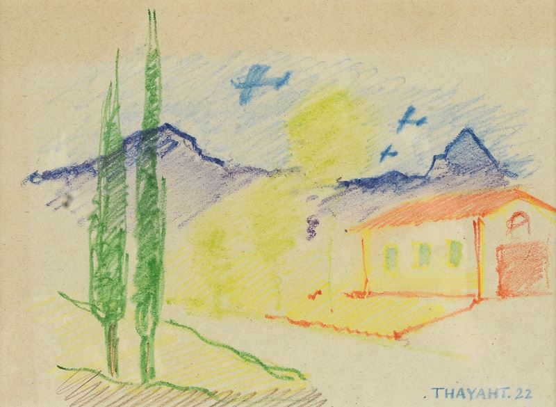 Thayaht (ernesto Michahelles) - Paesaggio con casa e cipressi, pastelli su carta