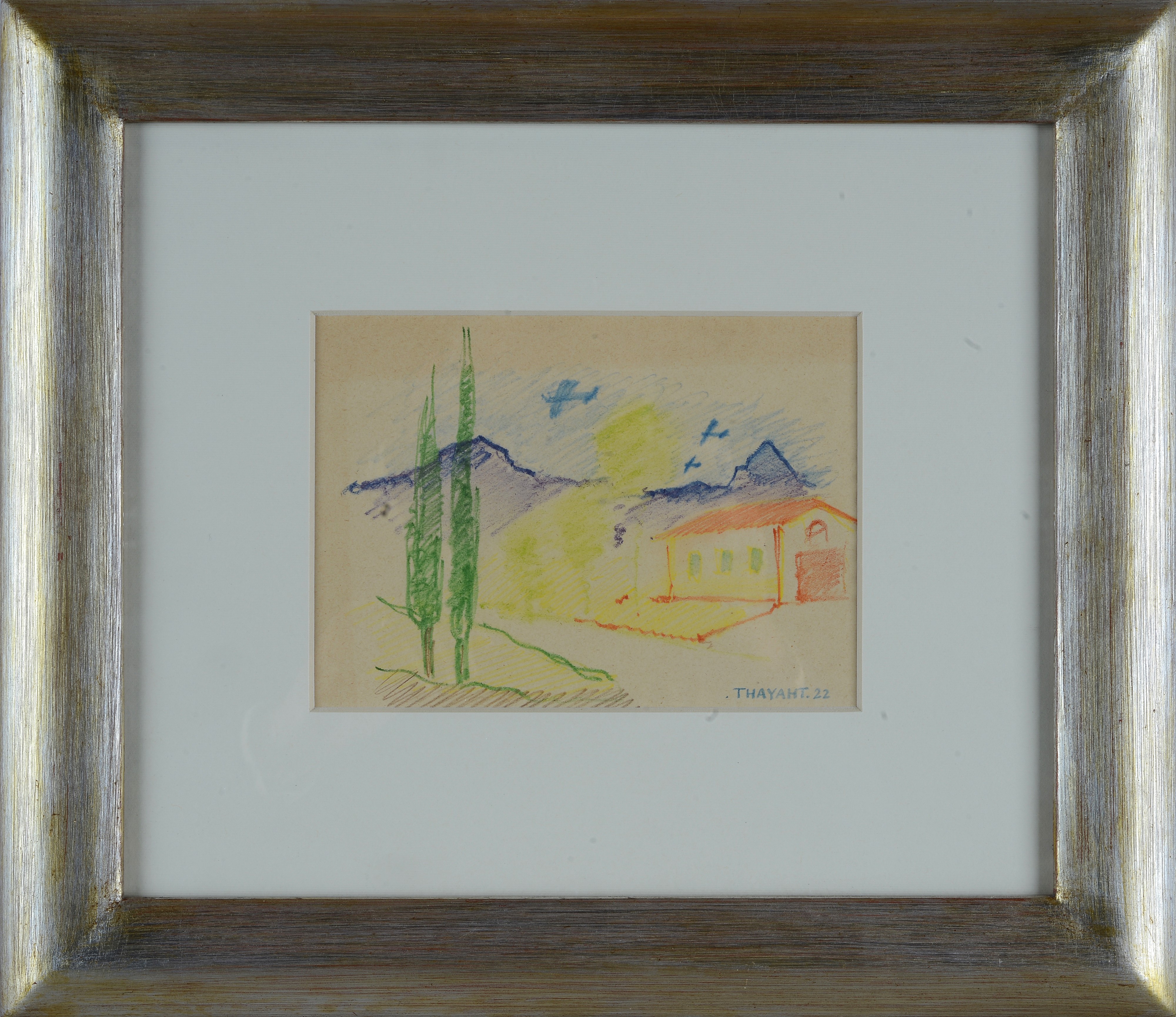 Thayaht (ernesto Michahelles) - Paesaggio con casa e cipressi, pastelli su carta