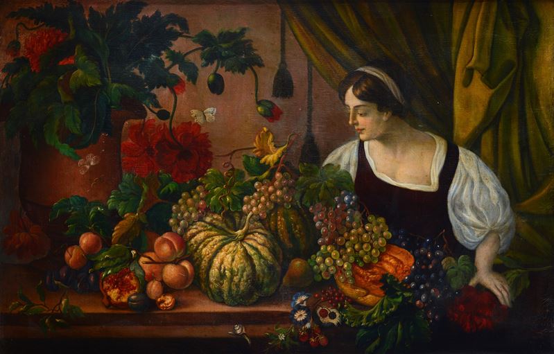 Donna con fiori e frutta