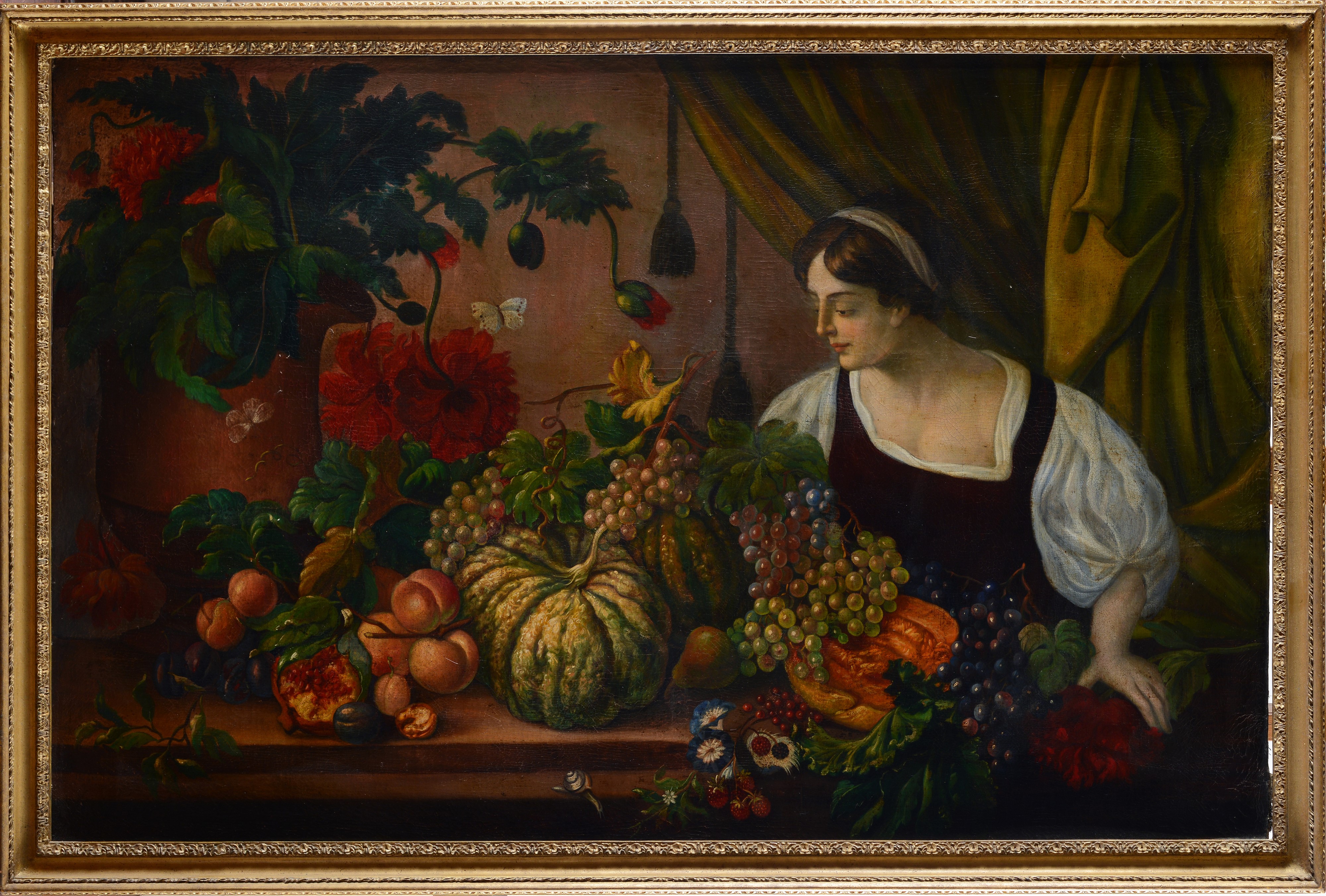 Donna con fiori e frutta