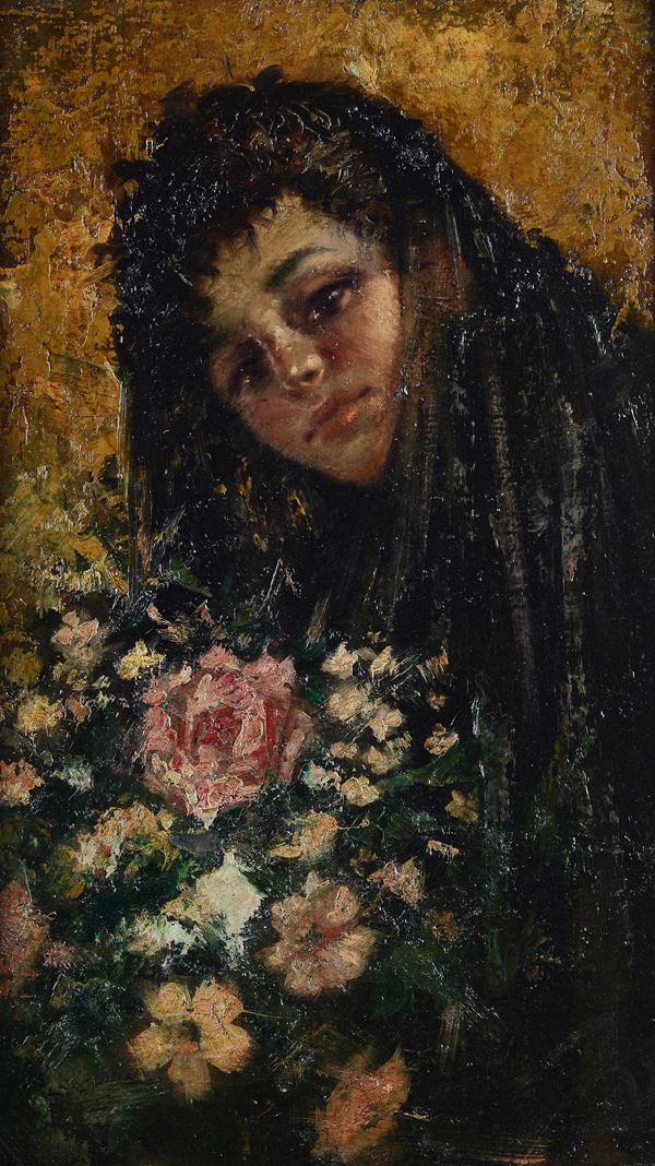 Anonimo, XIX sec. - Ragazza con fiori
