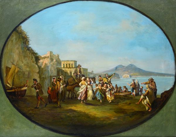 Anonimo, XVIII - XIX sec. - Tarantella sul lungomare con Vesuvio sullo sfondo