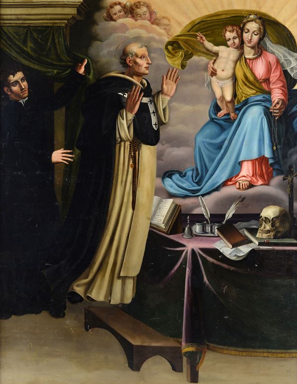 Scuola Italia Centrale, XVII sec. - Apparizione della Vergine con Bambino a San Domenico di Guzman