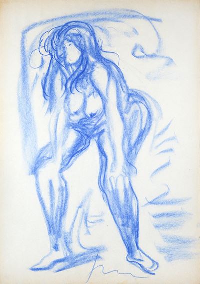 Nudo femminile, gessetto blu su carta