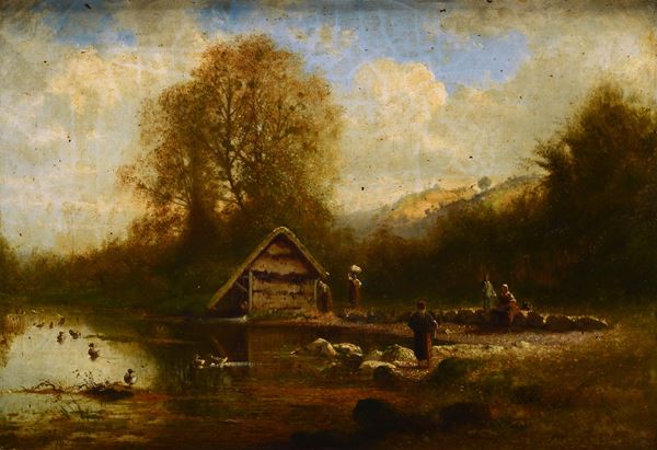 Adolphe Jean Louis Thomas - Paesaggio con figure al fiume