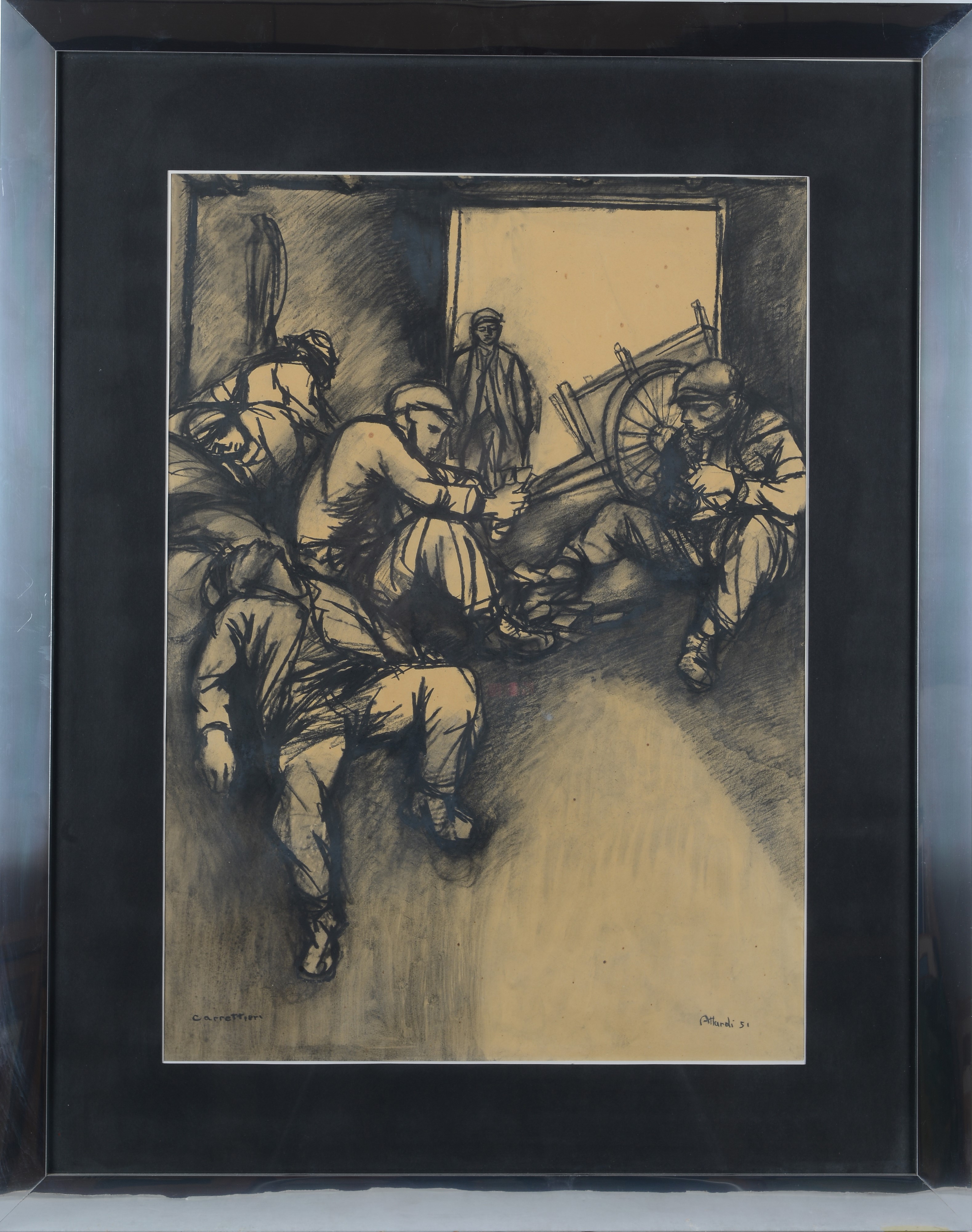 Ugo Attardi - Carrettieri - Carboncino su carta, 1951