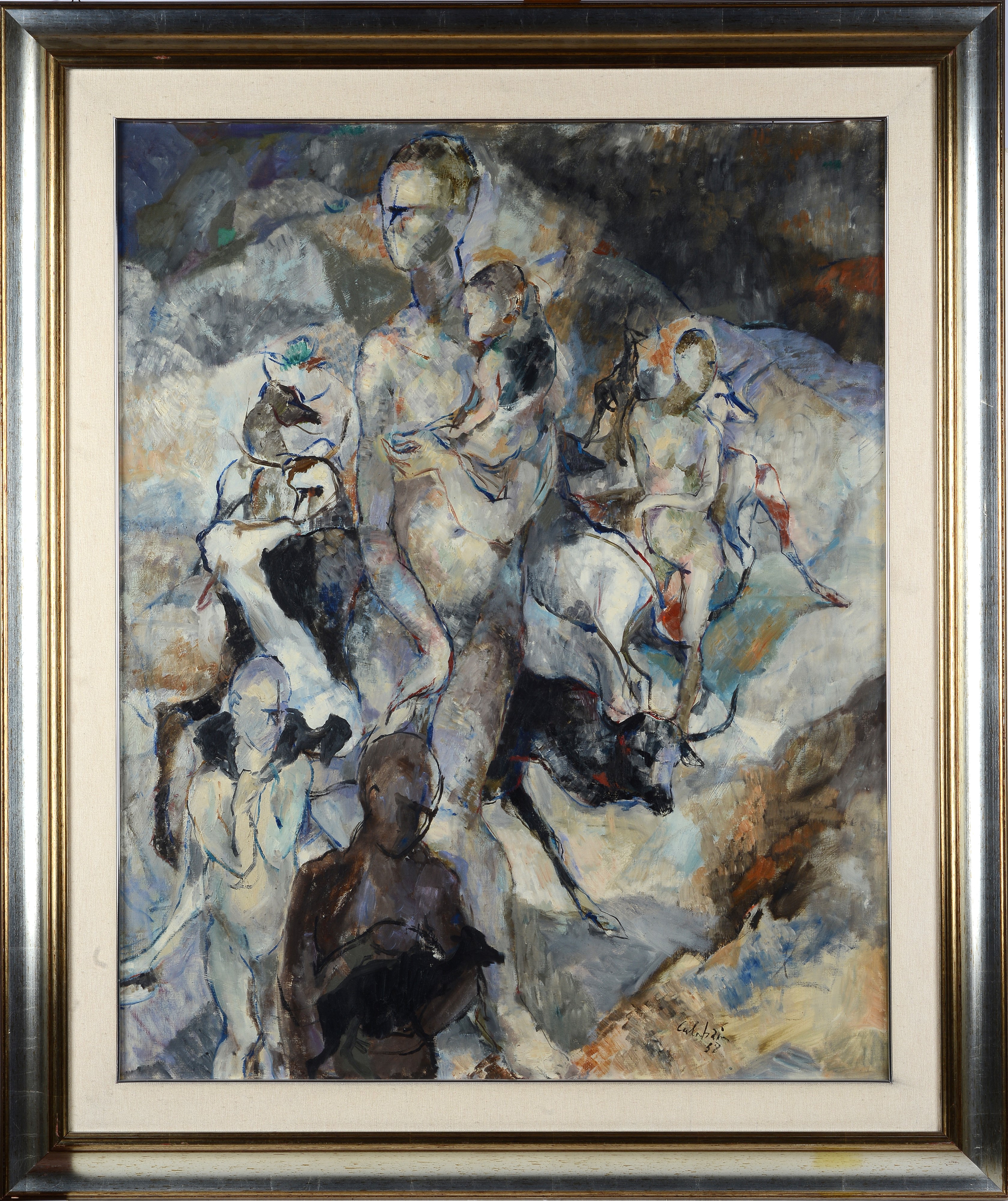Ennio Calabria - Figure con gazzelle, olio su tela, 1958