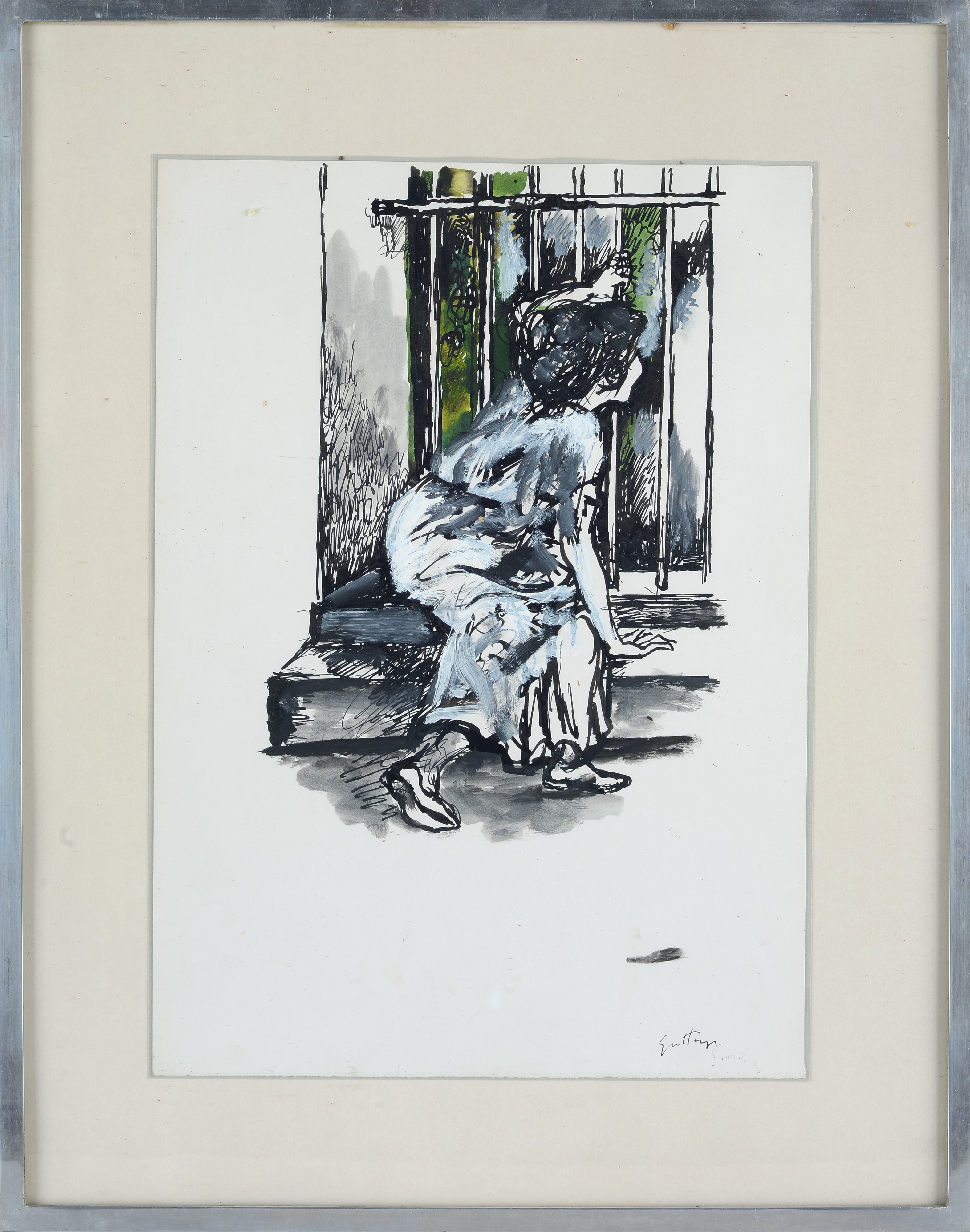 Renato Guttuso - Donna al cancello, tecnica mista su carta