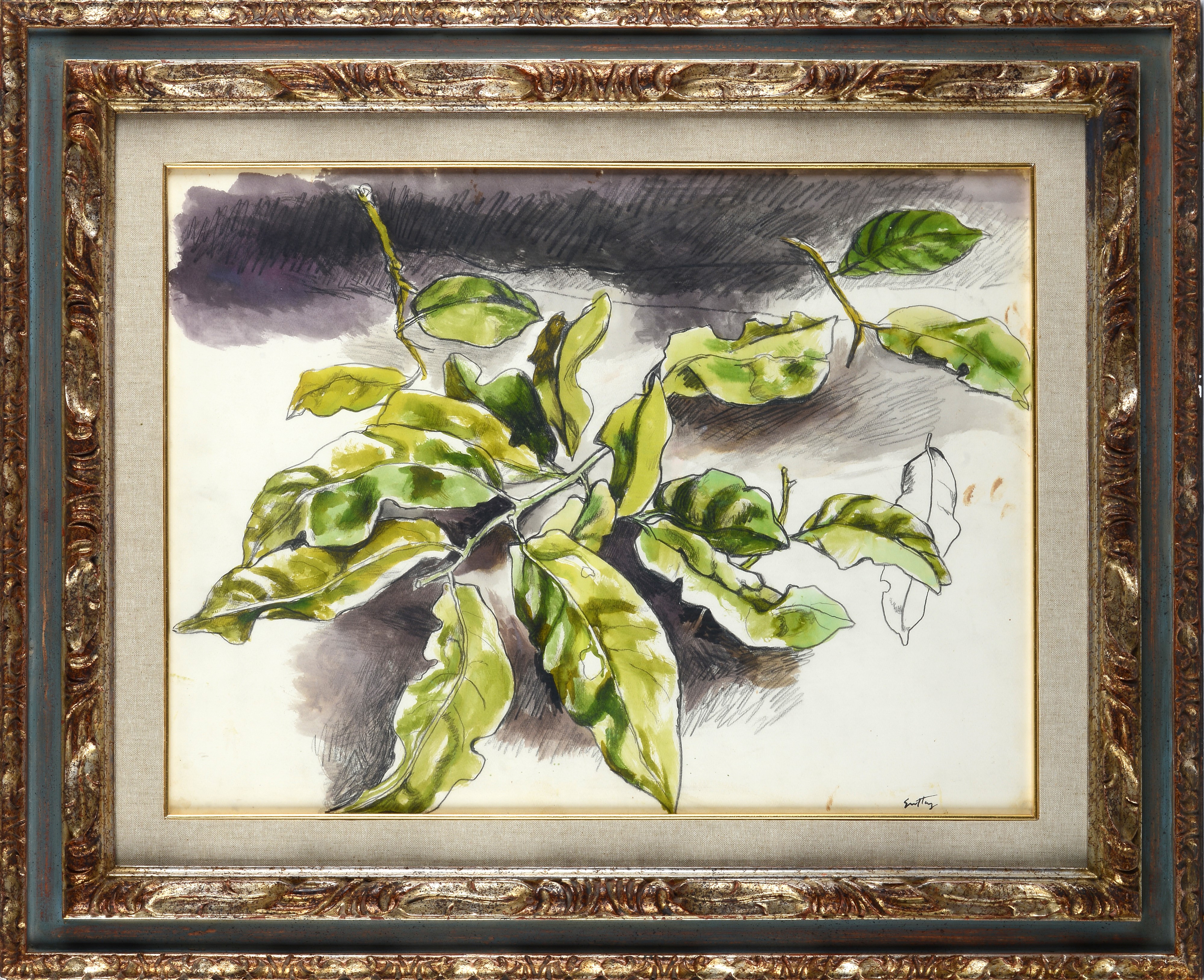 Renato Guttuso - Foglie - Acquerello e matita su carta riportata su tela