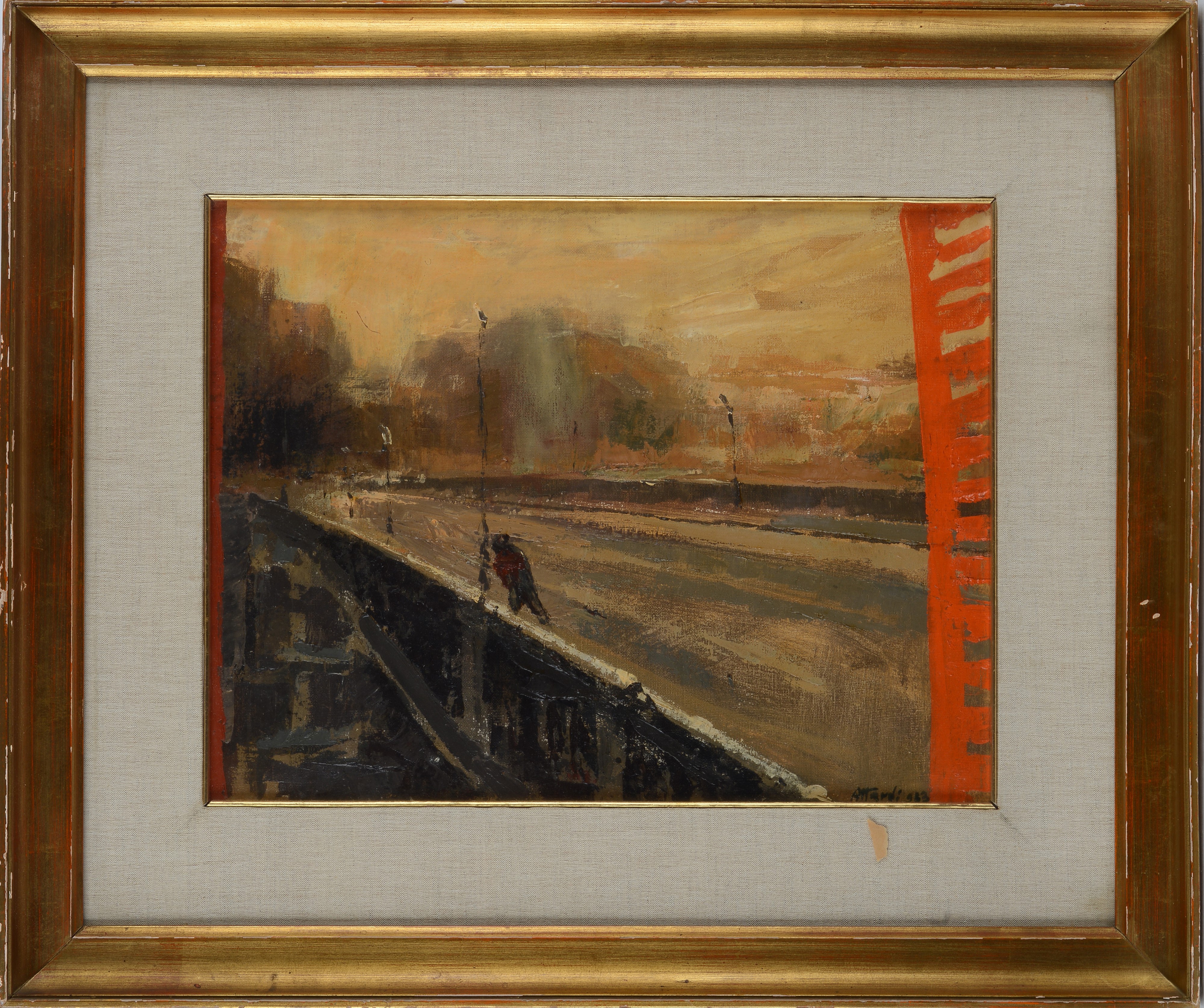 Ugo Attardi - Lungo il ponte - Olio su tela, cm 35x45, 1983