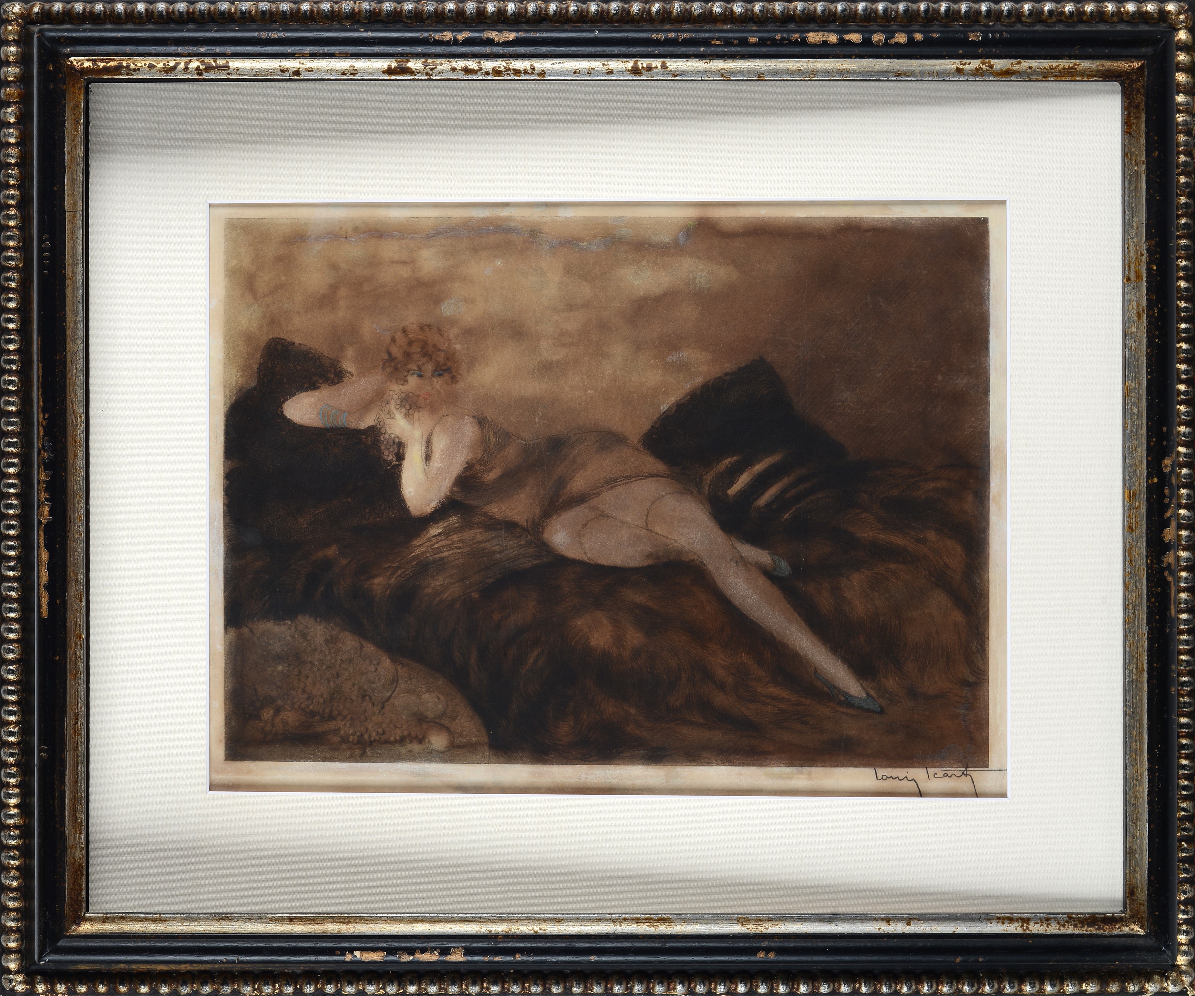 Louis Icart - Donna sdraiata con uva, acquaforte acquatinta