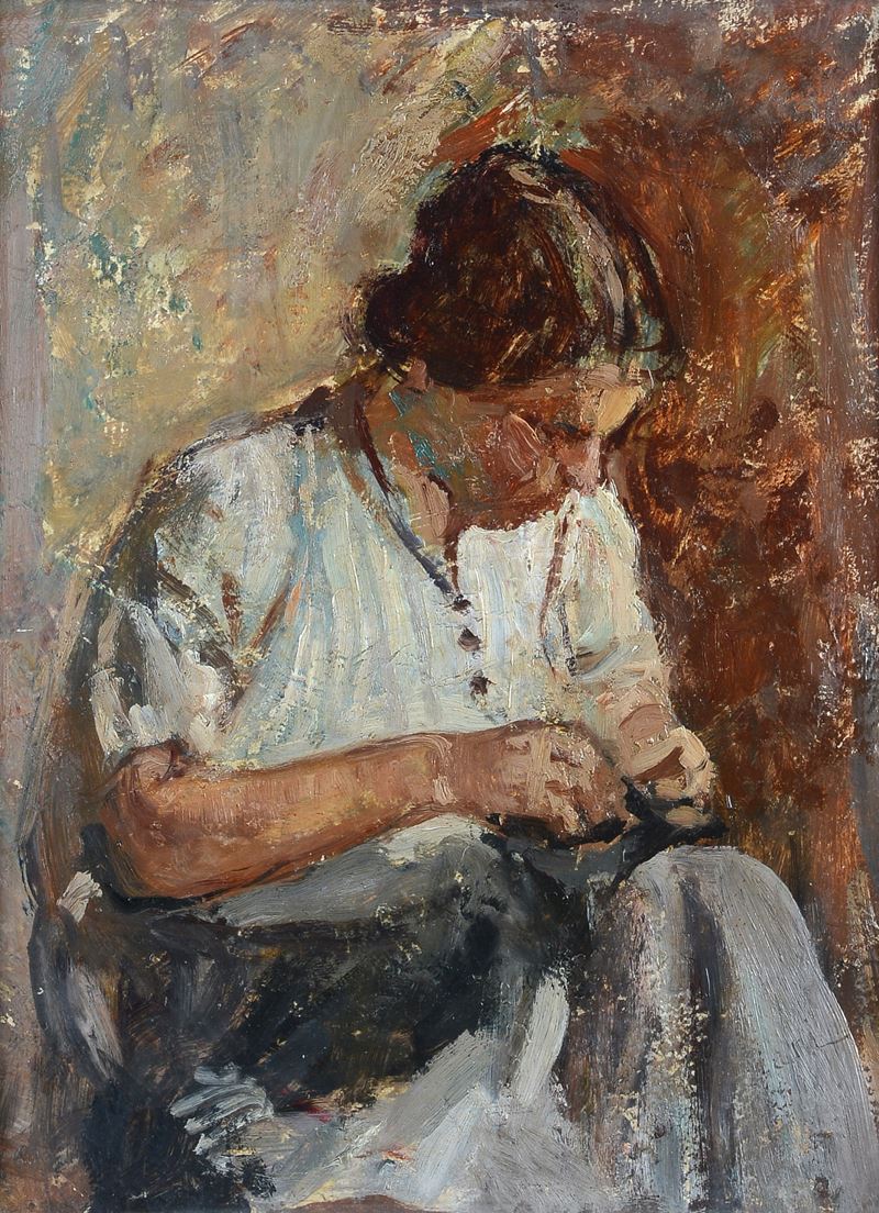 Cesare Ciani - La cucitrice, olio su cartone