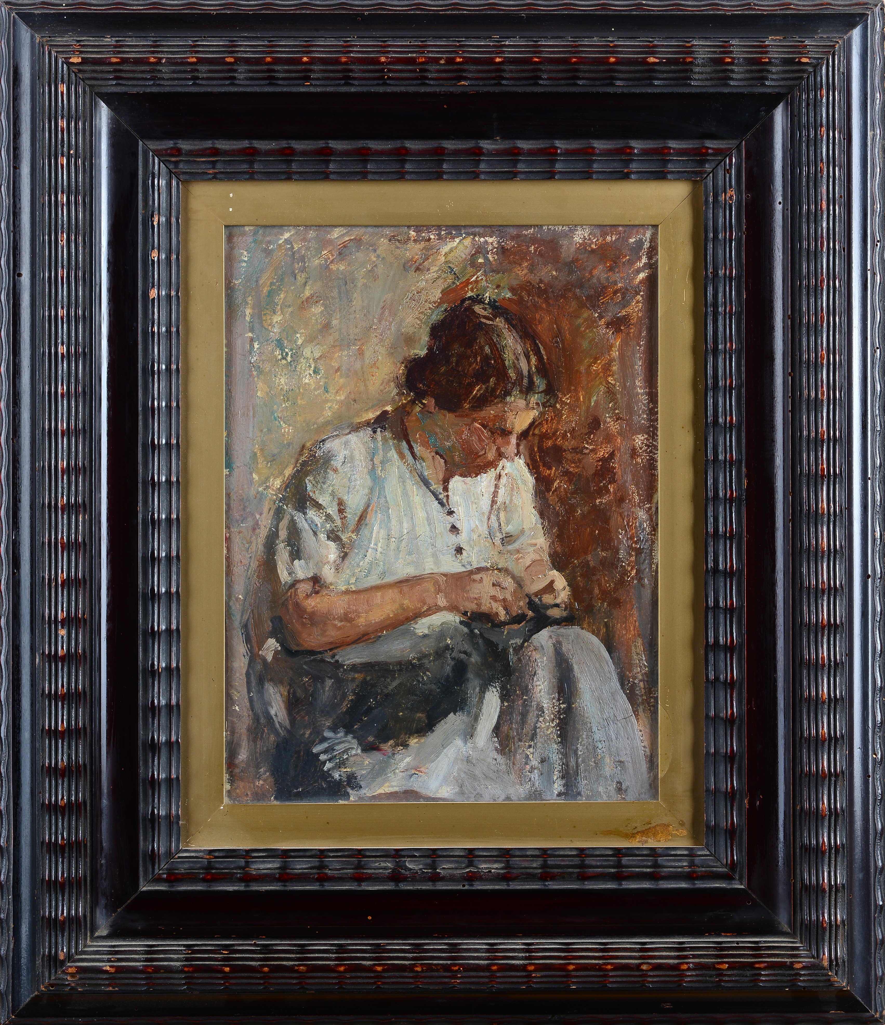 Cesare Ciani - La cucitrice, olio su cartone