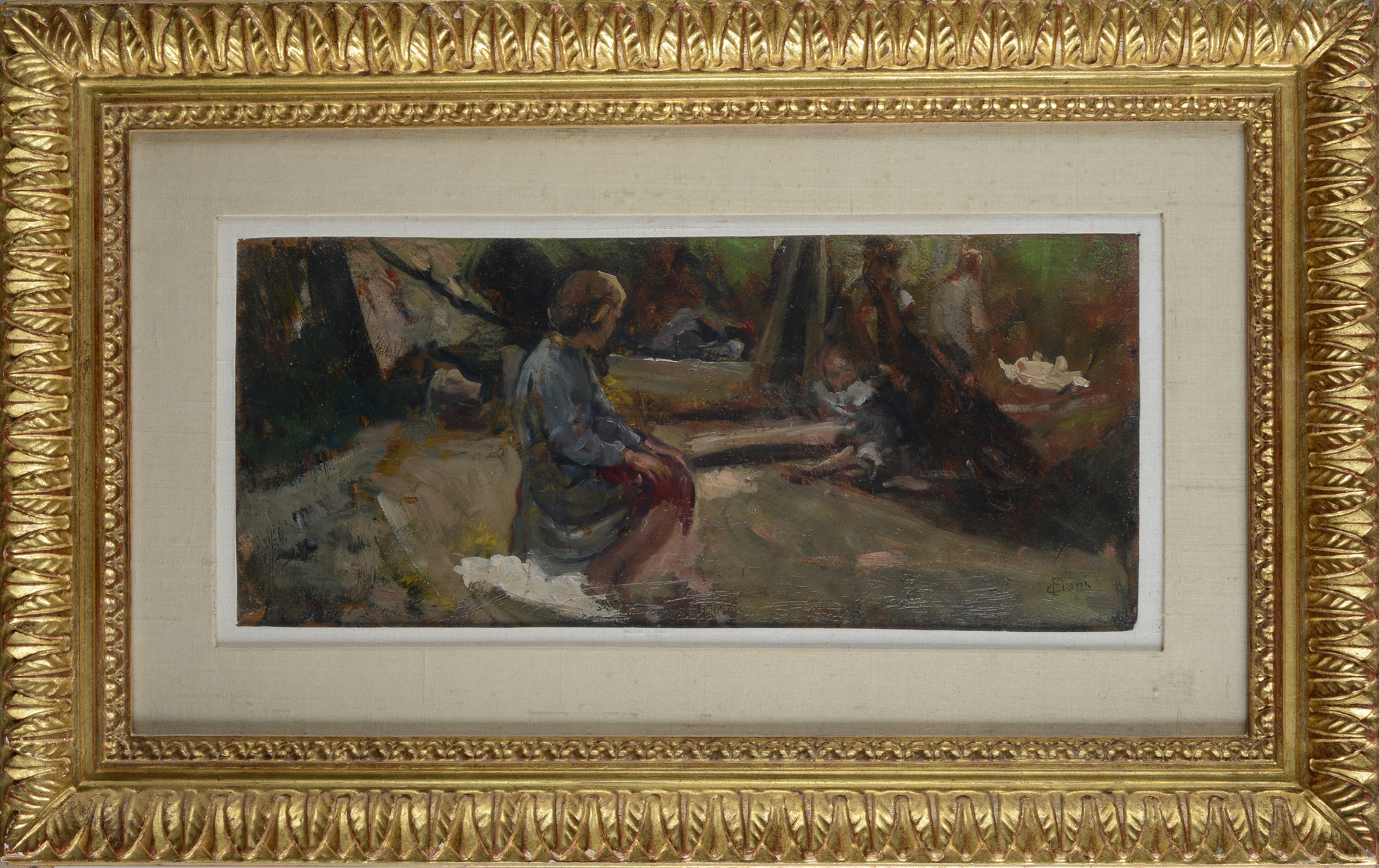 Cesare Ciani - Figure lungo il fiume, olio su tavola