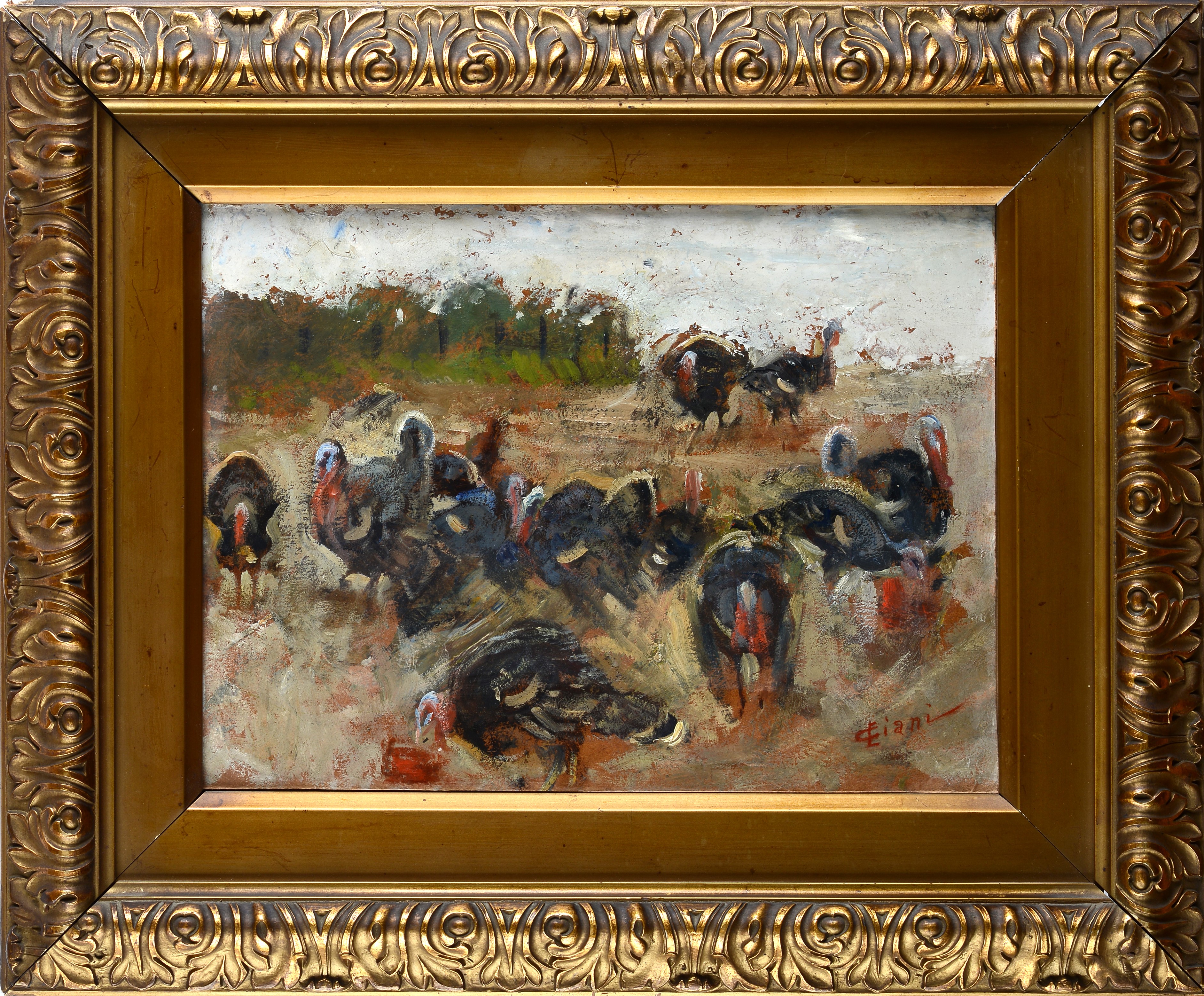 Cesare Ciani - Tacchini, olio su cartone