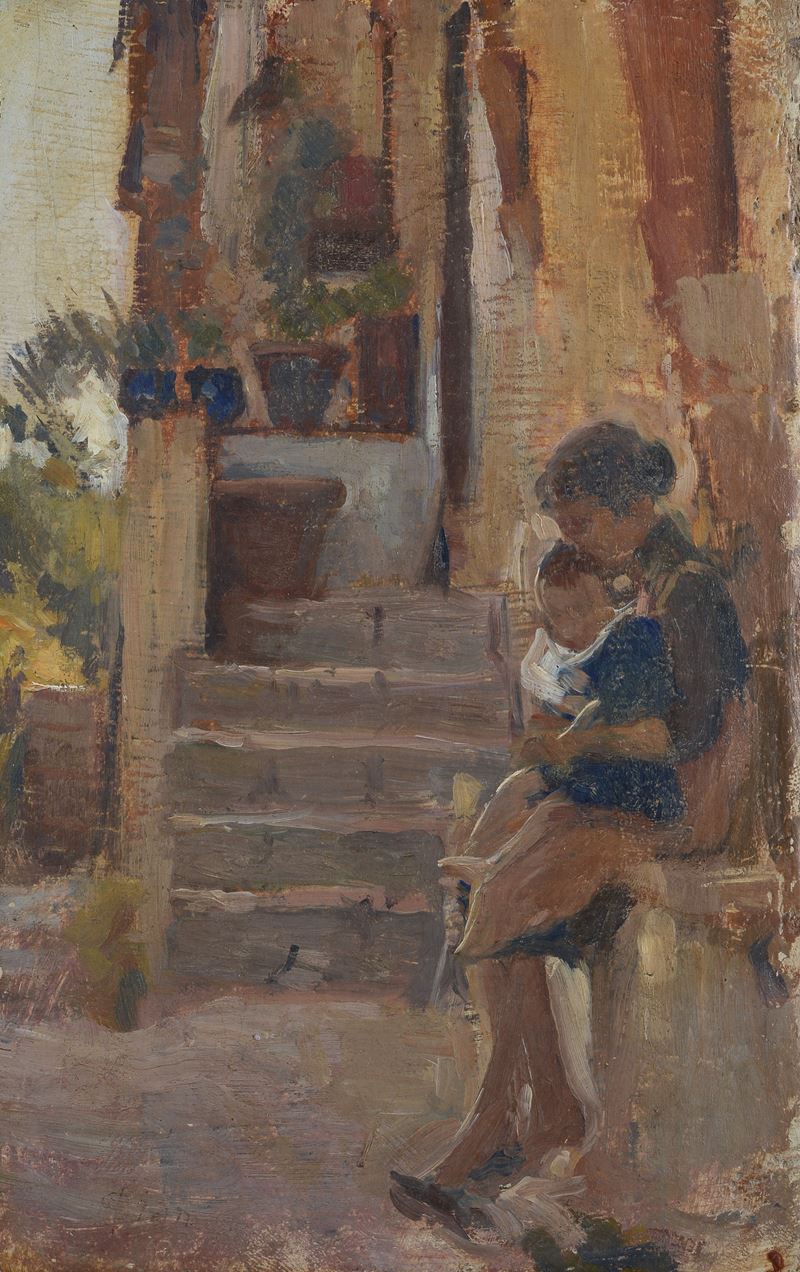 Cesare Ciani - Madre con bambino, olio su carta riportata su tavola