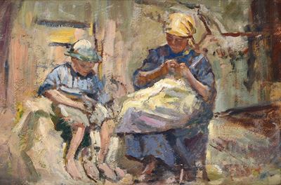 Cucitrici, olio su cartone