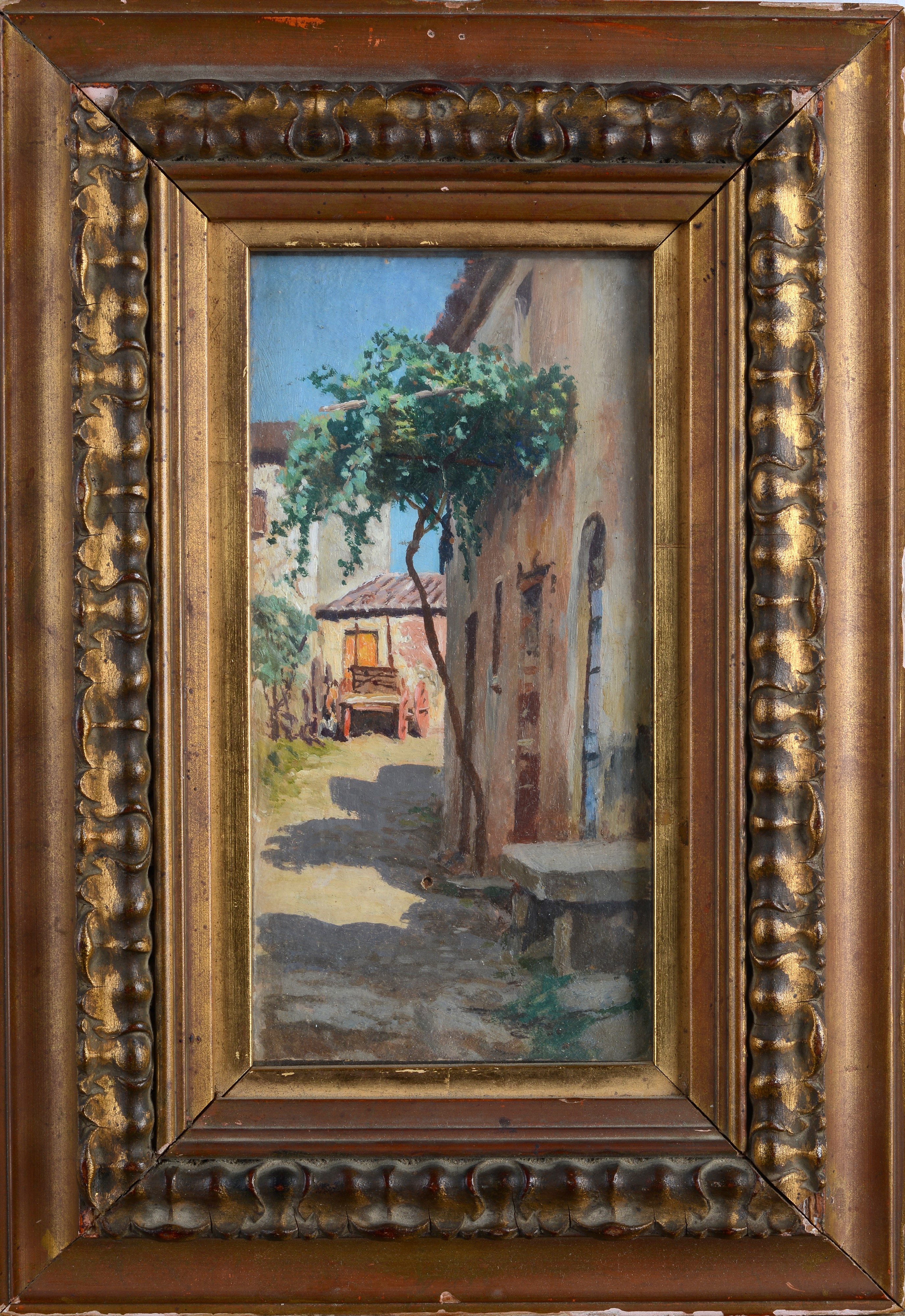Cesare Ciani - Scorcio con carretto, olio su cartone