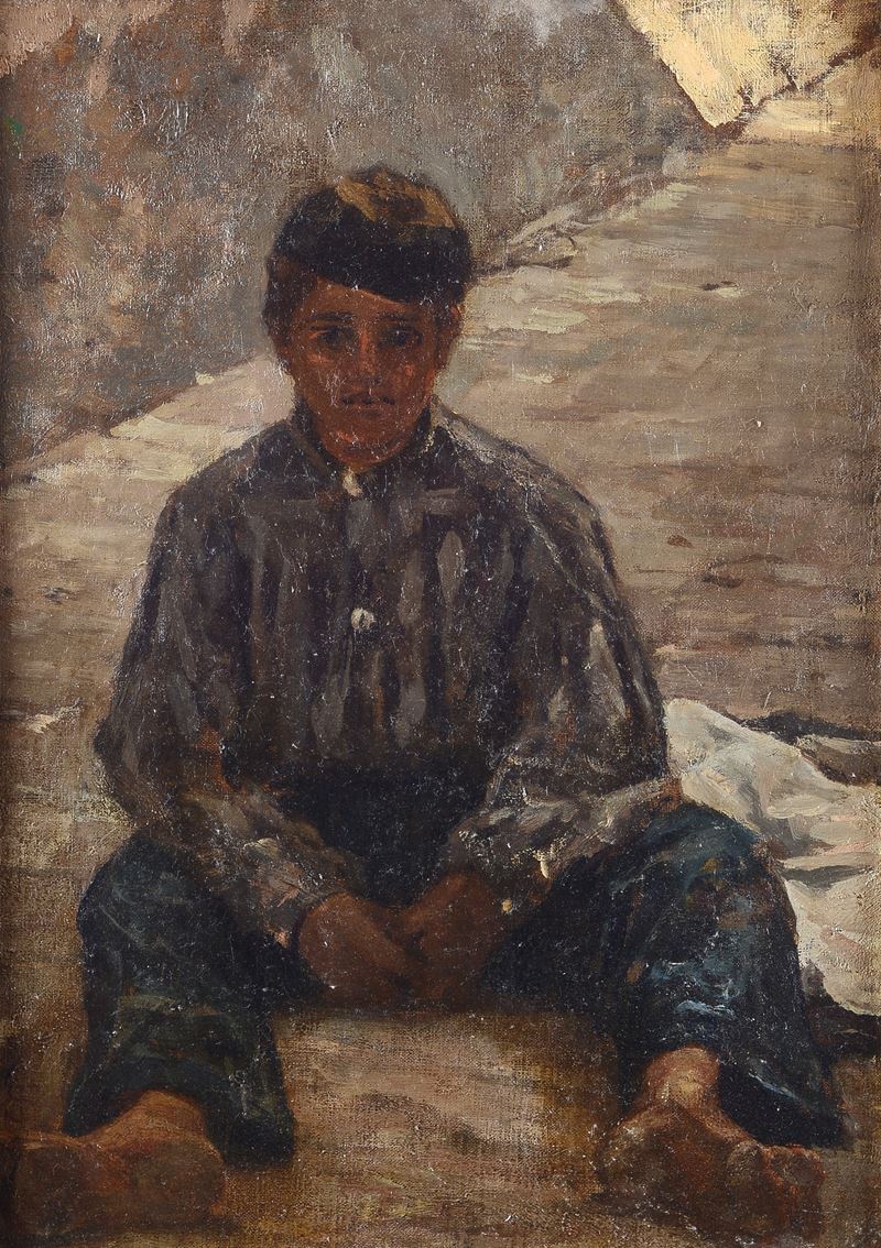 Telemaco Signorini - Riomaggiore, ragazzo seduto con berrettino, olio su tela