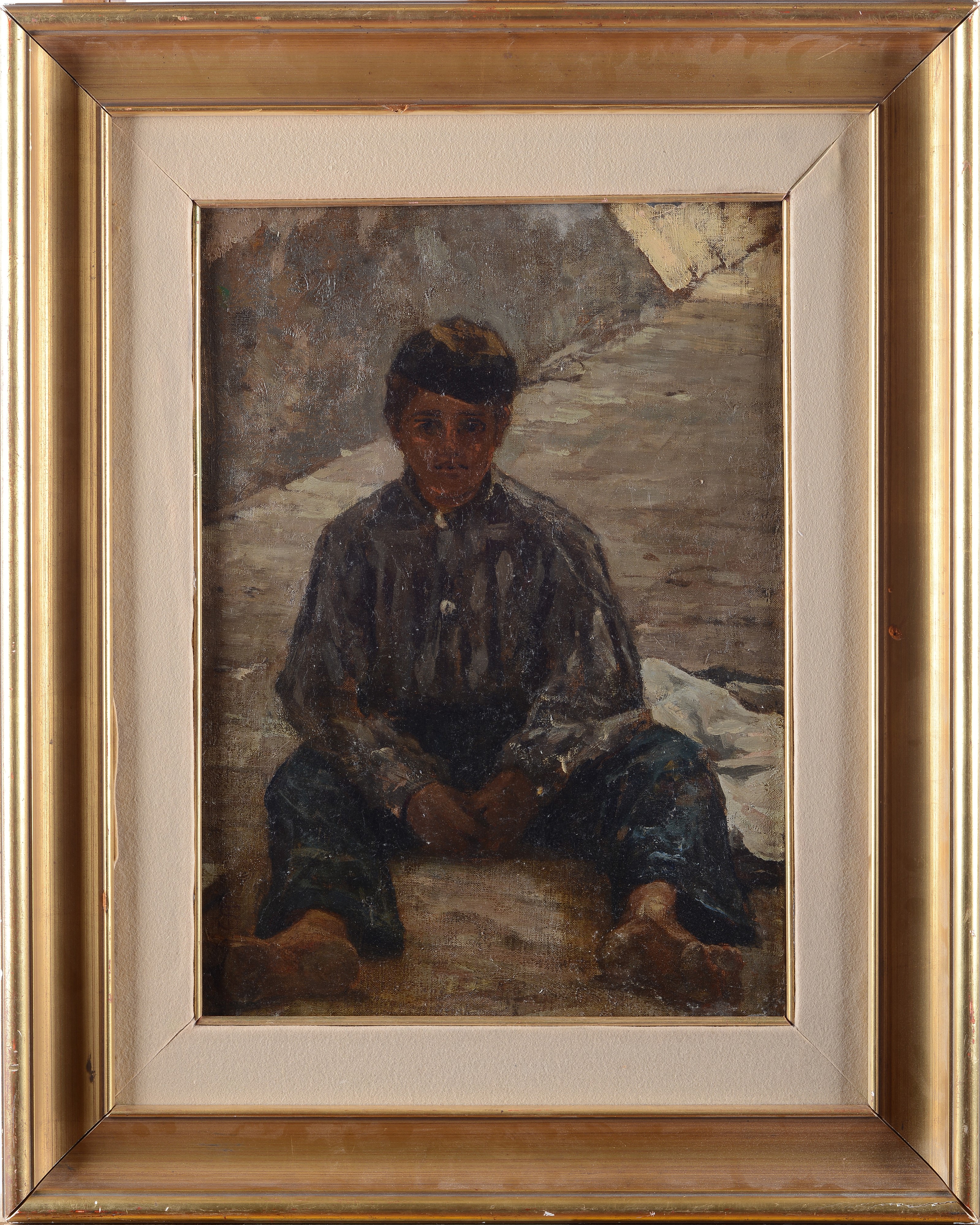 Telemaco Signorini - Riomaggiore, ragazzo seduto con berrettino, olio su tela