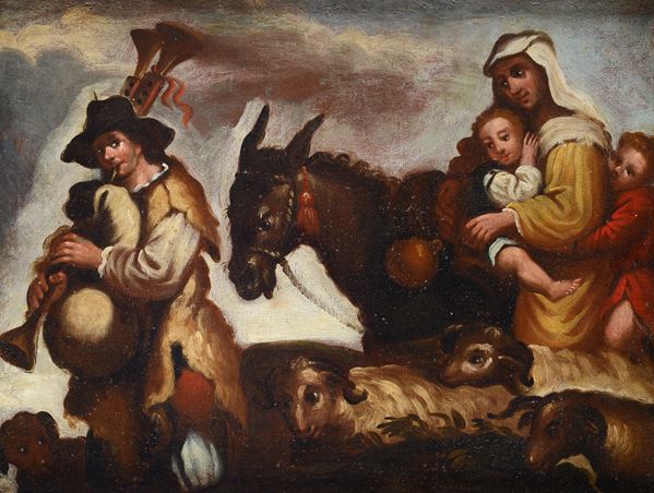 Cerchia di Monsù Bernardo - Zampognaro con pecore e figure a cavallo