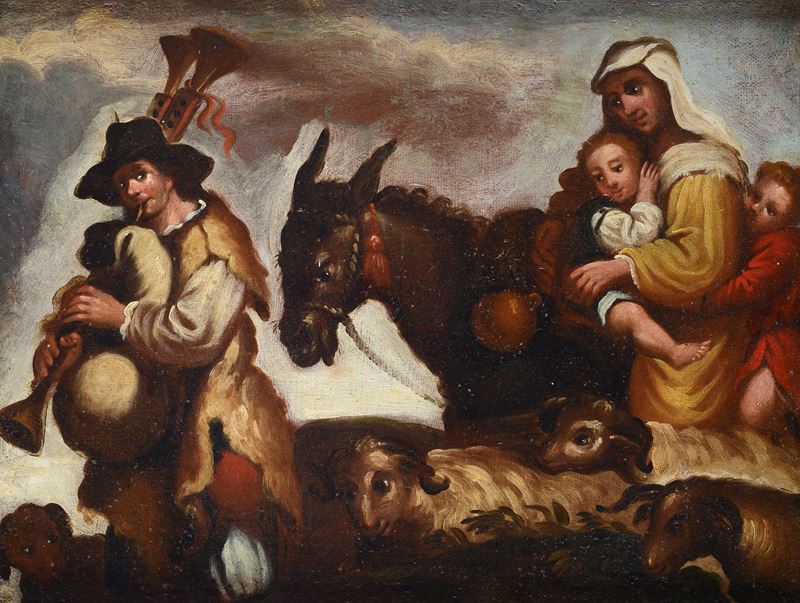 Zampognaro con pecore e figure a cavallo